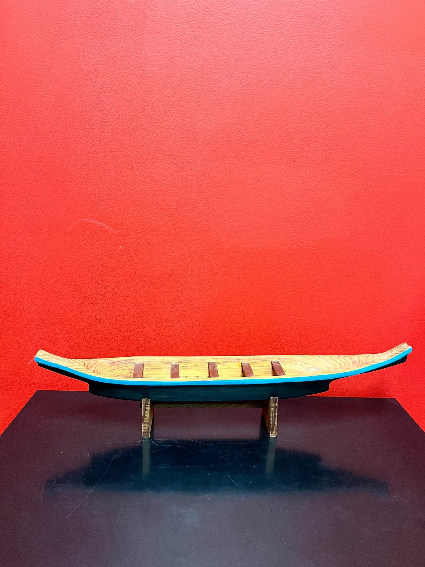 A  Museum quality 26 x 6 x 4 deep indigenous first nations pacific northwest coast hand painted carved  cedar canoe  breathtaking