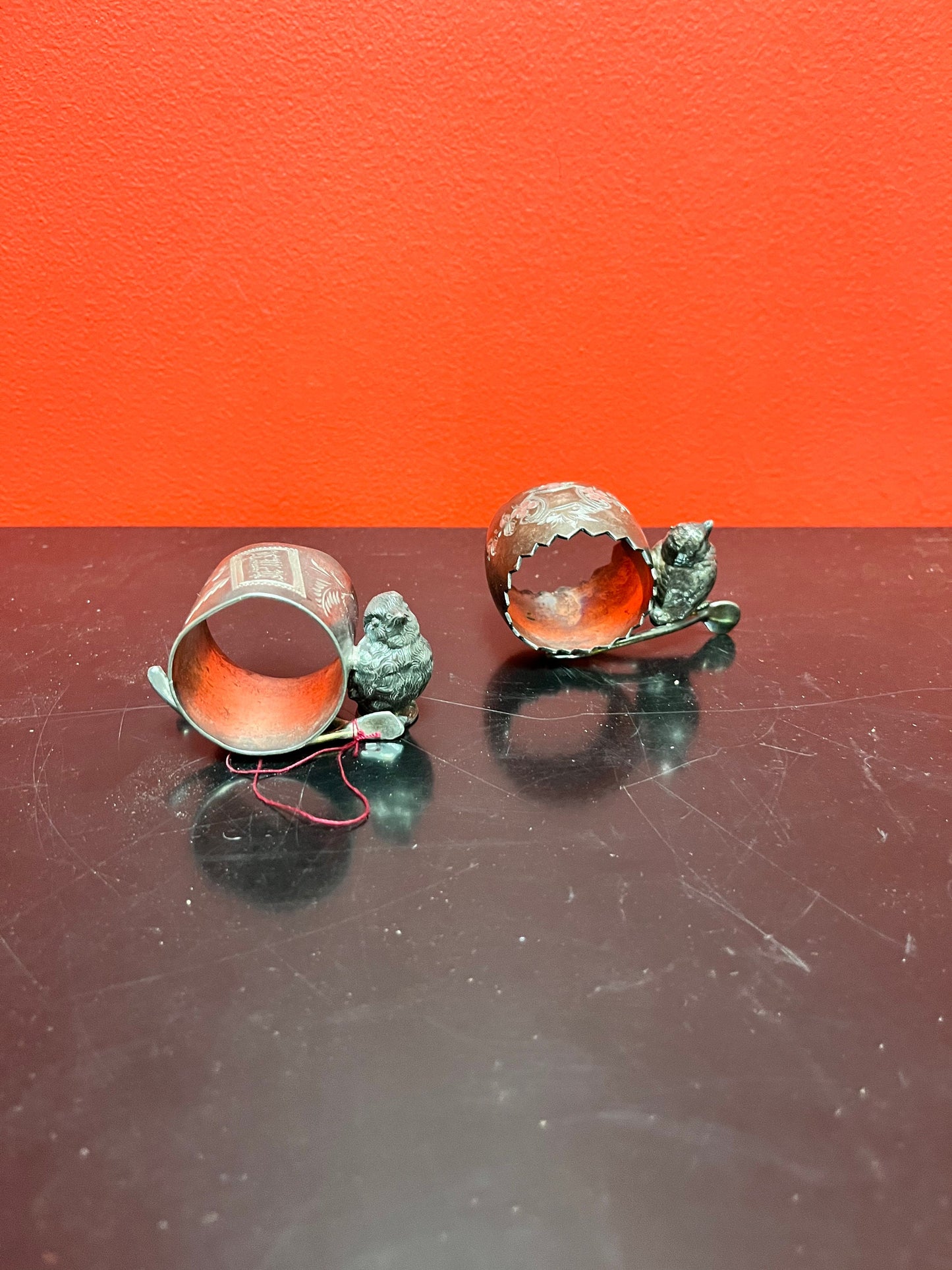 2 Antique English, silver plated napkin holders depicting, an owl and a bird  stunning antique napkin holders