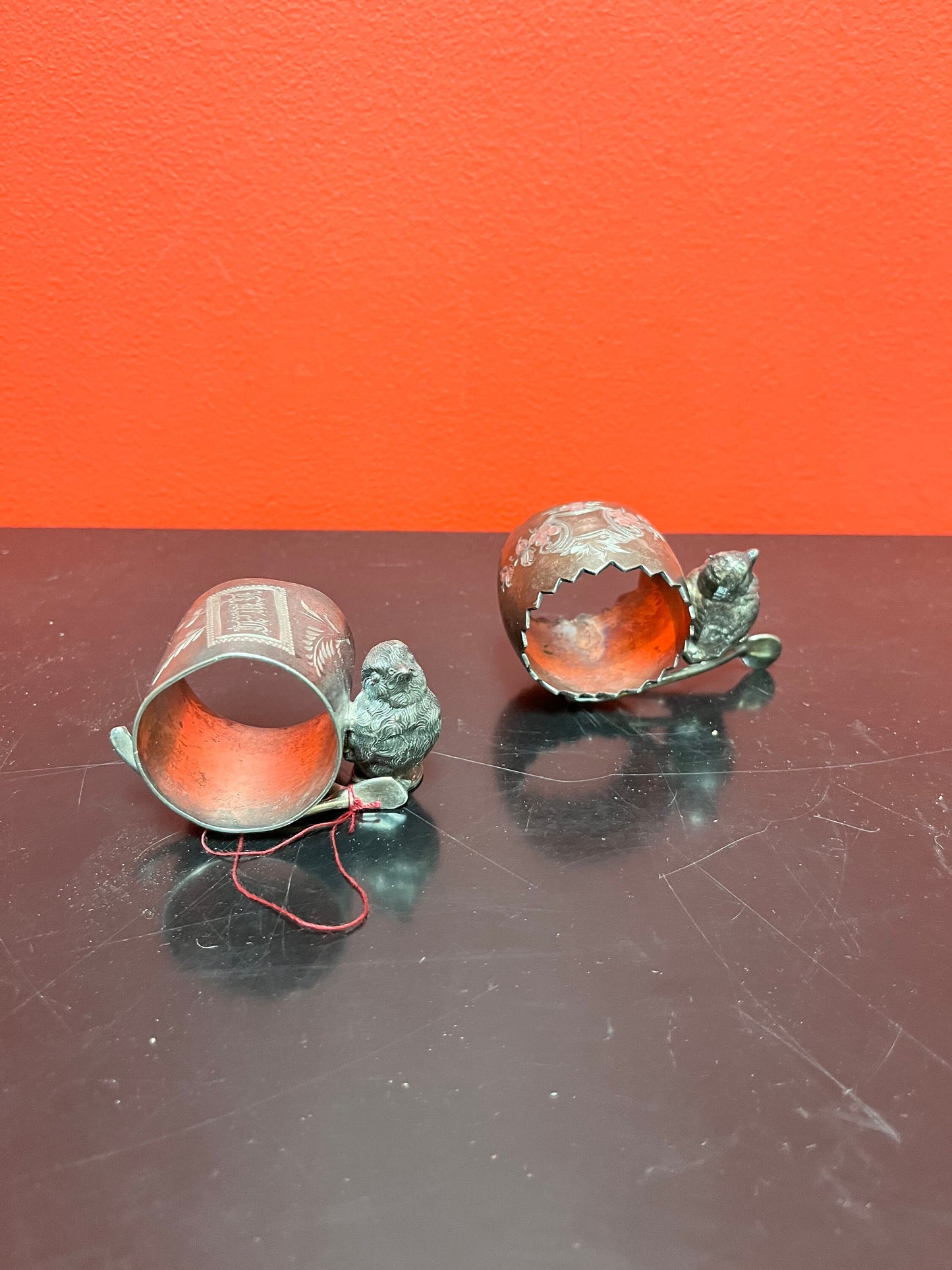 2 Antique English, silver plated napkin holders depicting, an owl and a bird  stunning antique napkin holders