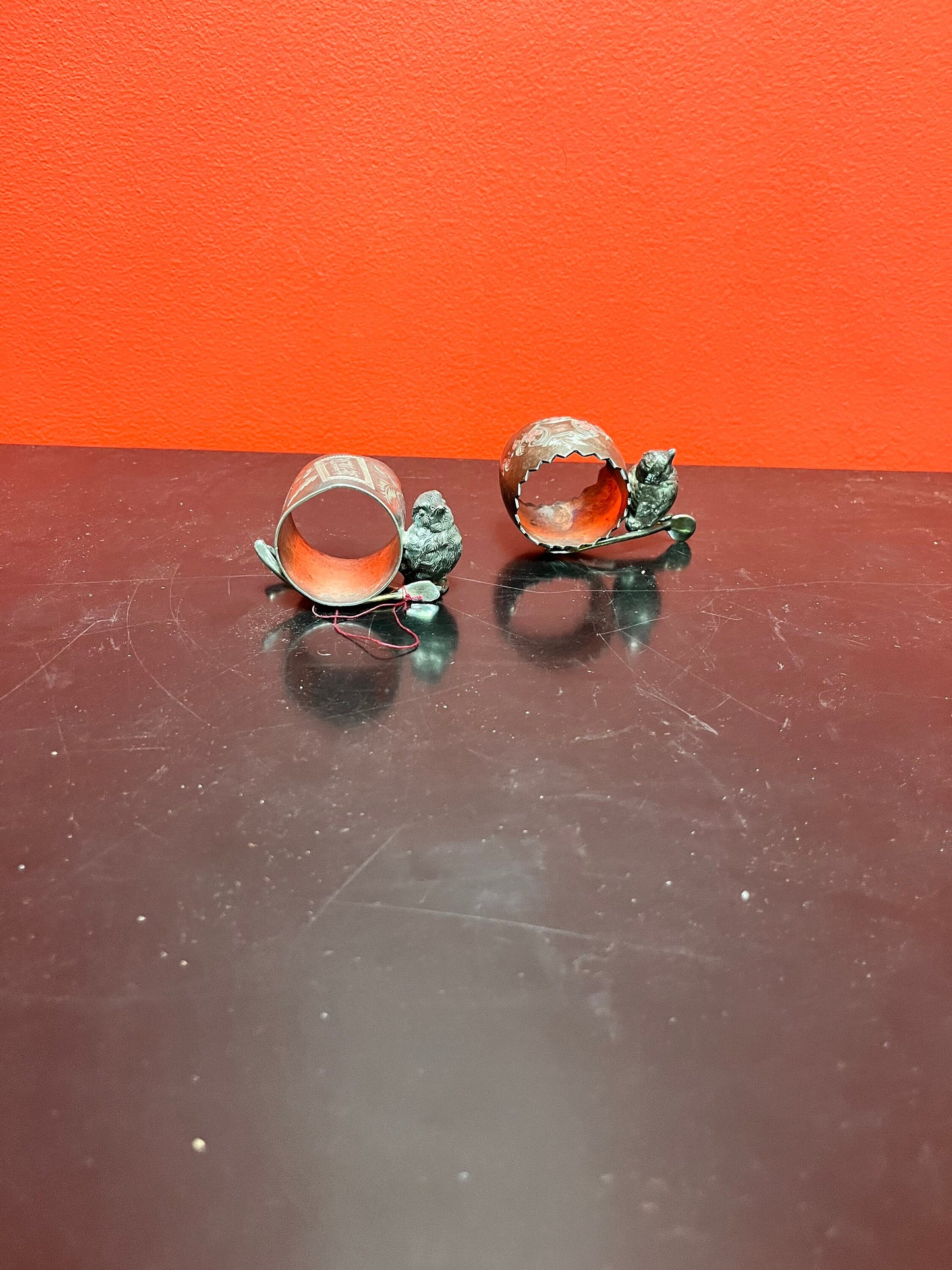 2 Antique English, silver plated napkin holders depicting, an owl and a bird  stunning antique napkin holders