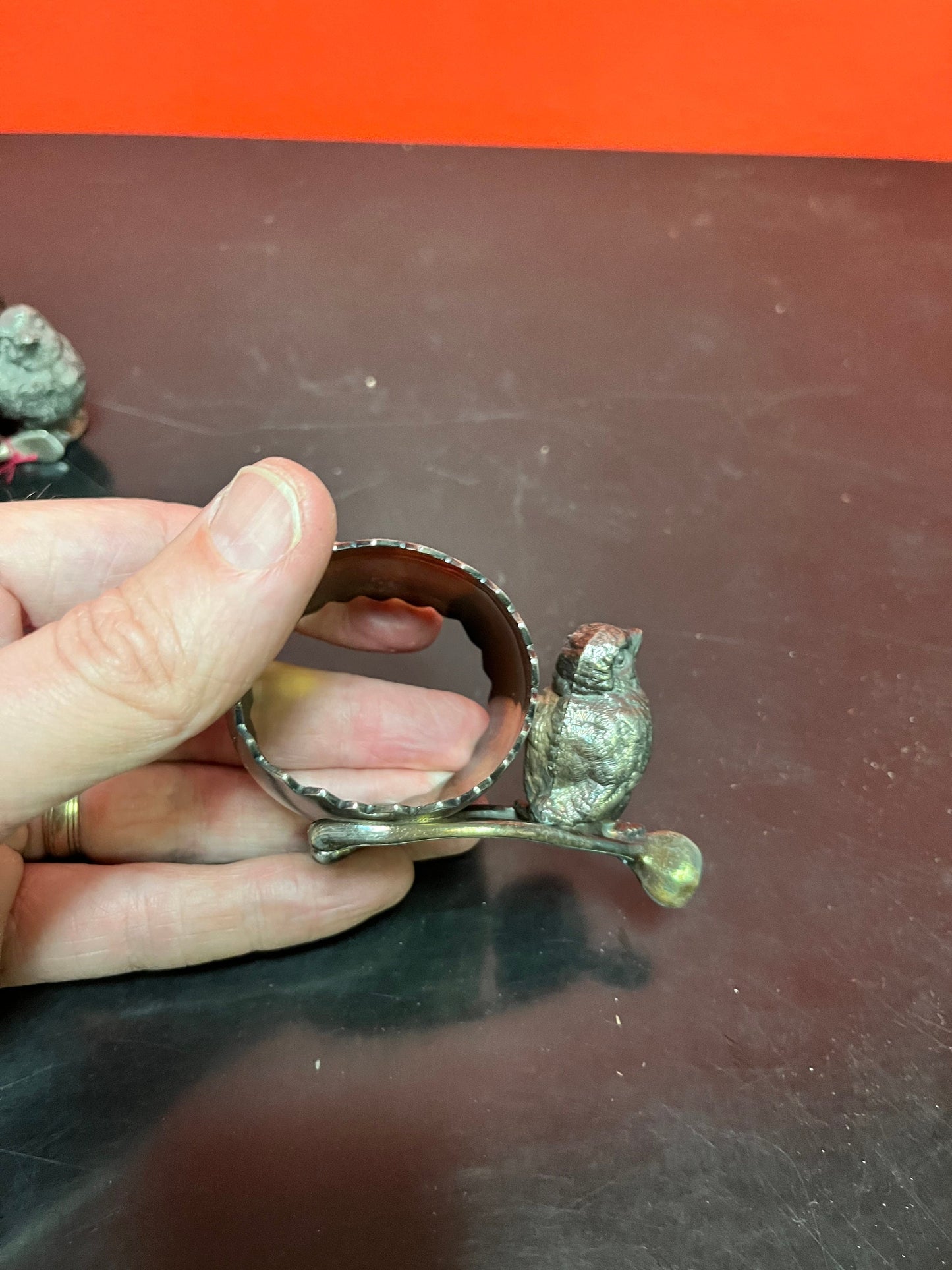 2 Antique English, silver plated napkin holders depicting, an owl and a bird  stunning antique napkin holders