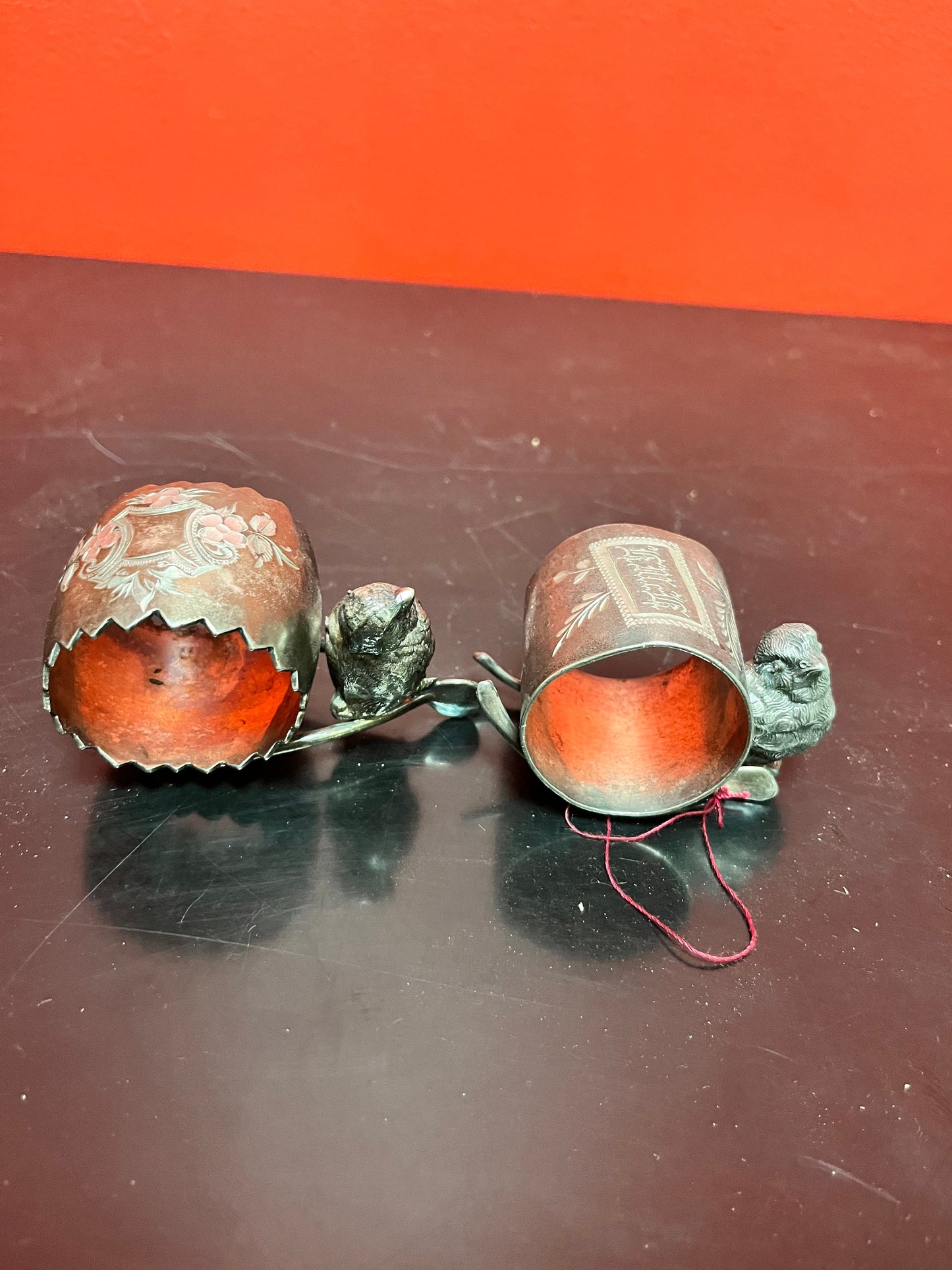 2 Antique English, silver plated napkin holders depicting, an owl and a bird  stunning antique napkin holders