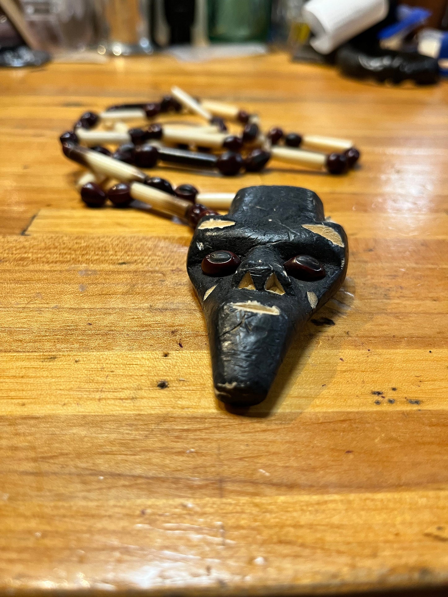 32 inch long African horn bead and wood necklace  so cool