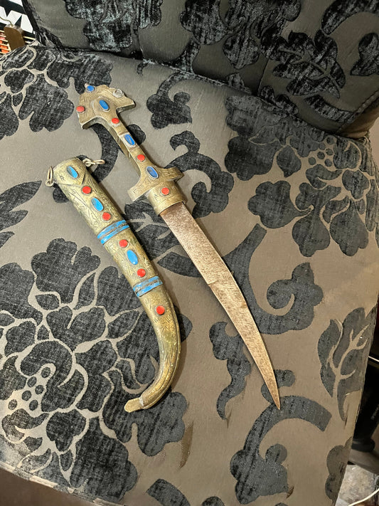 15 inch middle Eastern super cool brass dagger in sheaf with cartouches  older piece in good condition  collectors piece or gift