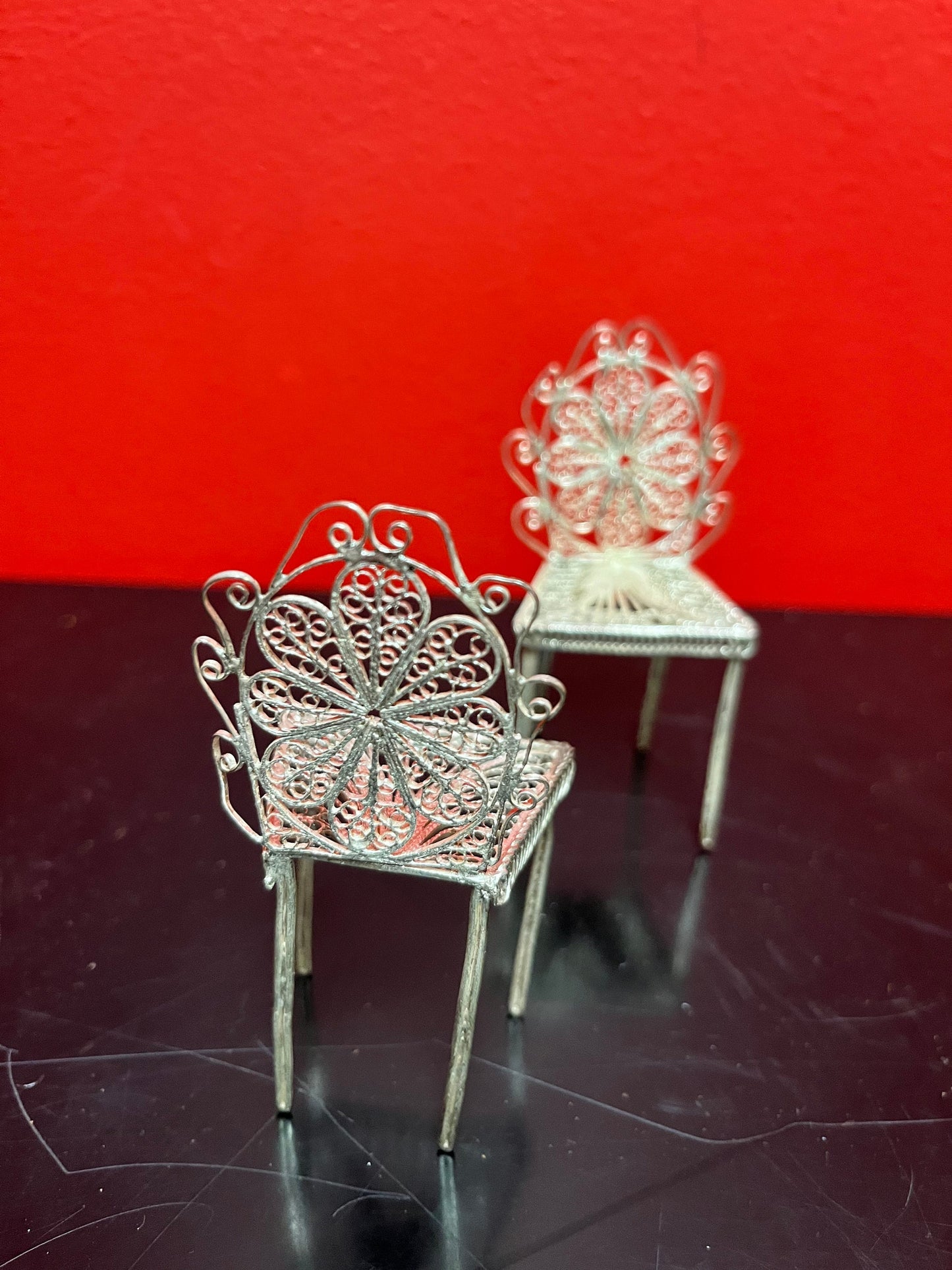 Stunning antique European silver filagree, miniature dining room chair  5 inches tall  absolutely wonderful quality  multiple available