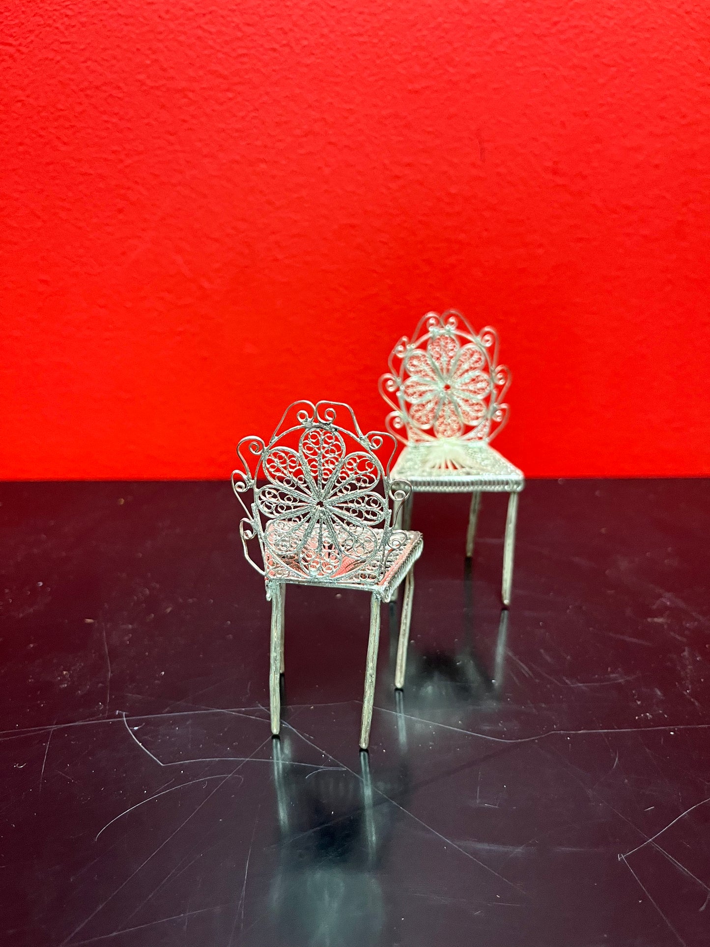 Stunning antique European silver filagree, miniature dining room chair  5 inches tall  absolutely wonderful quality  multiple available