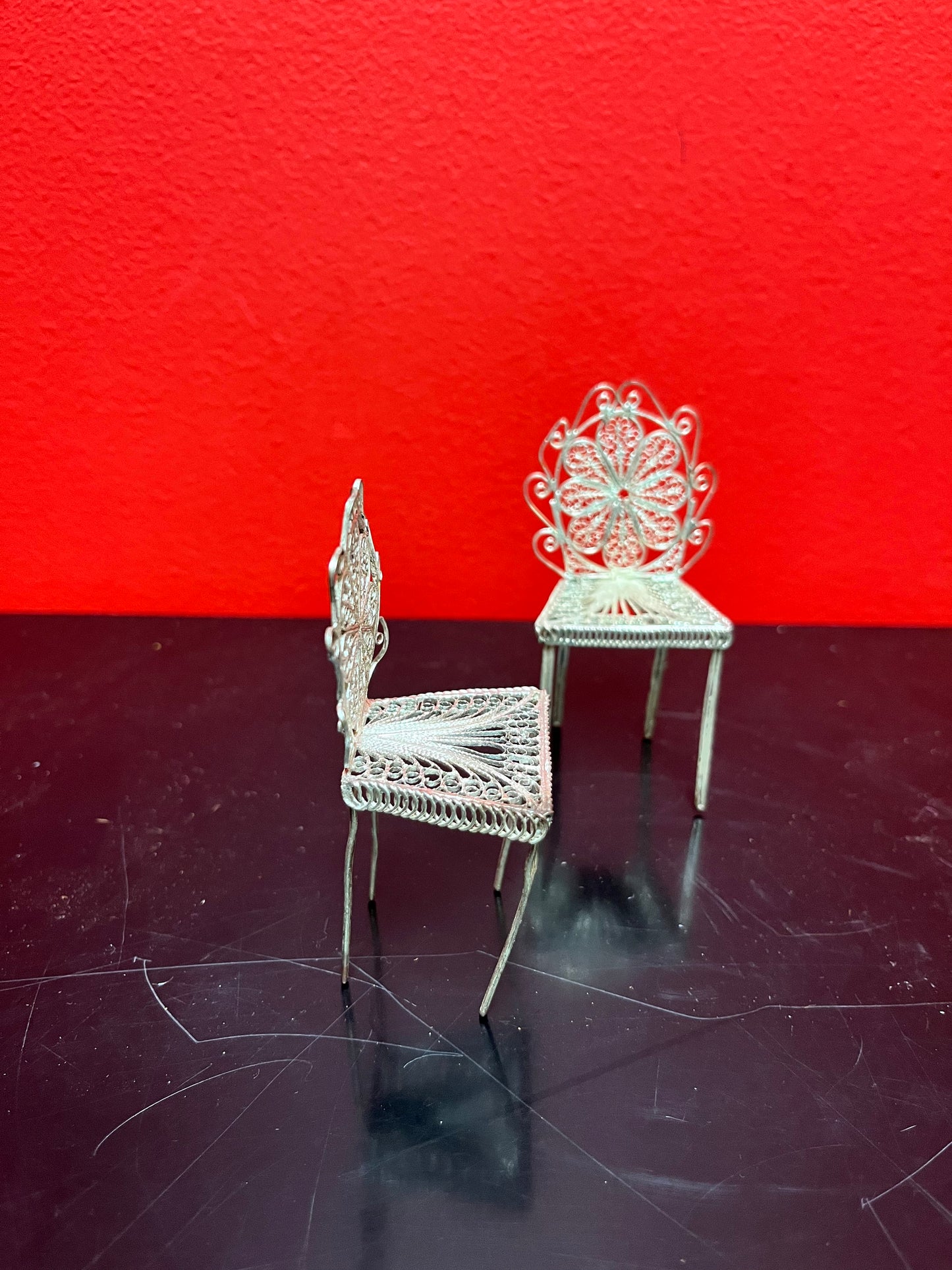 Stunning antique European silver filagree, miniature dining room chair  5 inches tall  absolutely wonderful quality  multiple available