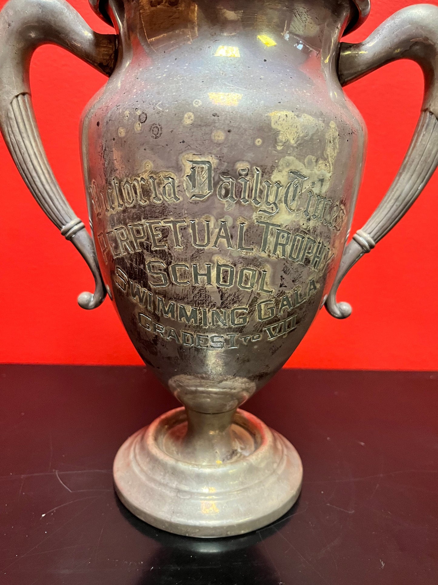 Fabulous huge 10 inch silver plated 1950s swimming trophy  lovely patina, and really fascinating piece of Victoria, BC history!!!