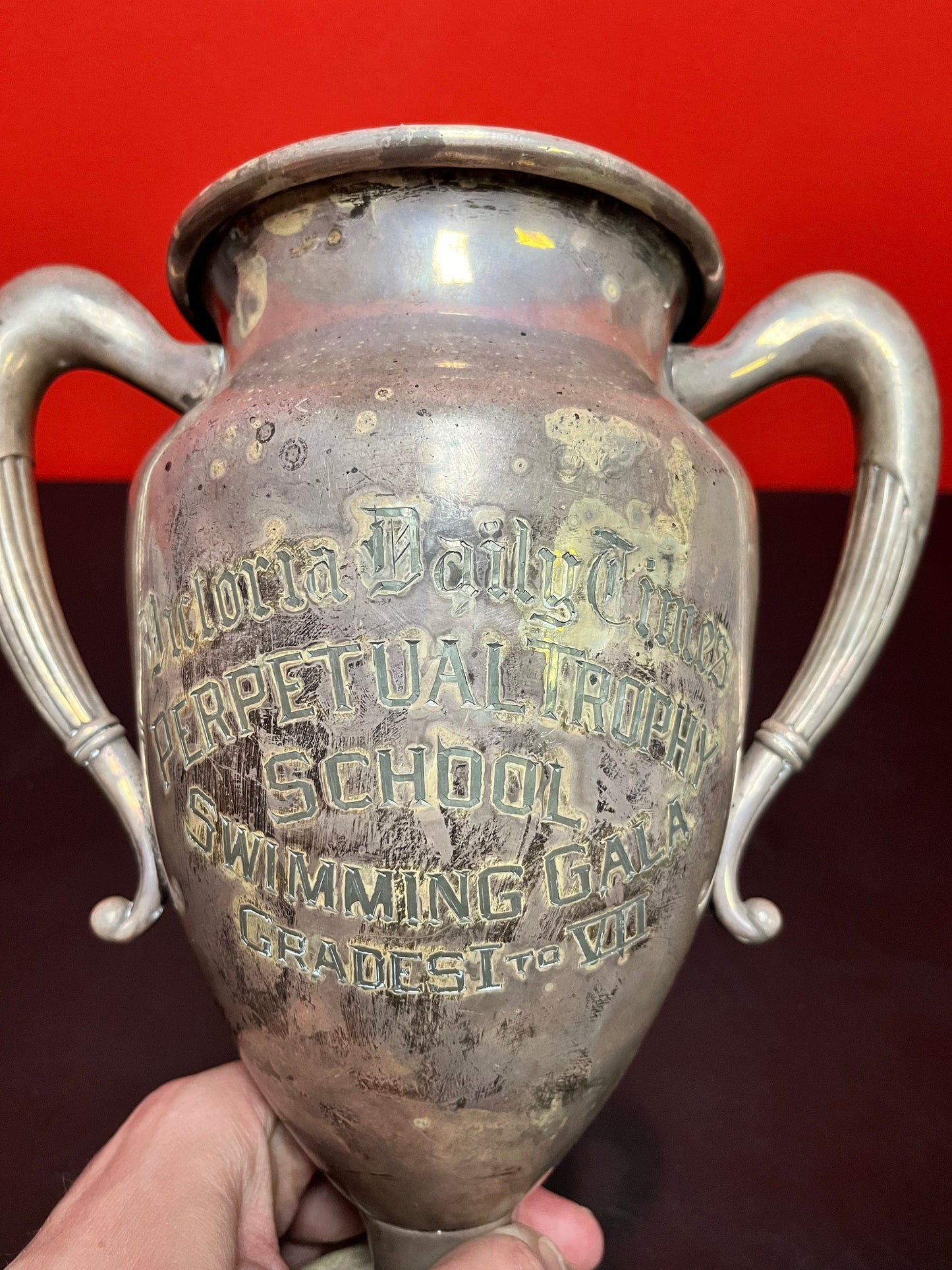 Fabulous huge 10 inch silver plated 1950s swimming trophy  lovely patina, and really fascinating piece of Victoria, BC history!!!