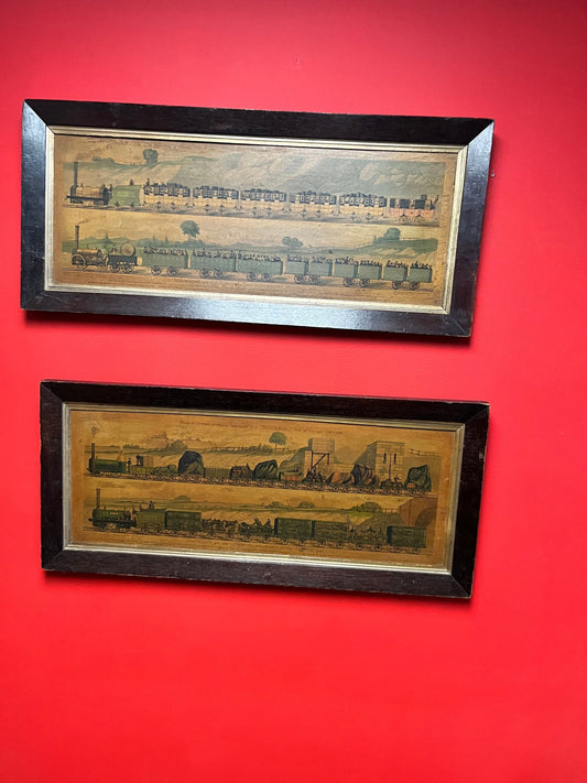 Stunning 1830s Liverpool to Manchester railway advertising pictures in Oak frames  pair museum quality  fabulous cond  train memorabilia