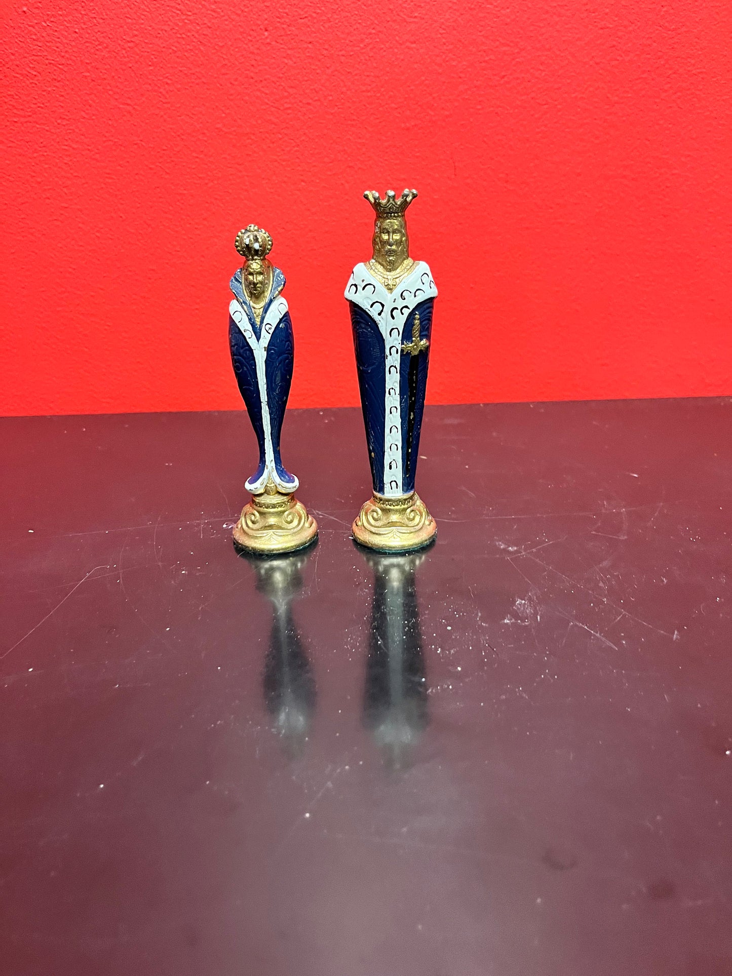 Reserve for Joseph ***Beautiful bronze, and enameled, king and queen statue  5 inches - slight scratches  perfect for wedding cake topper