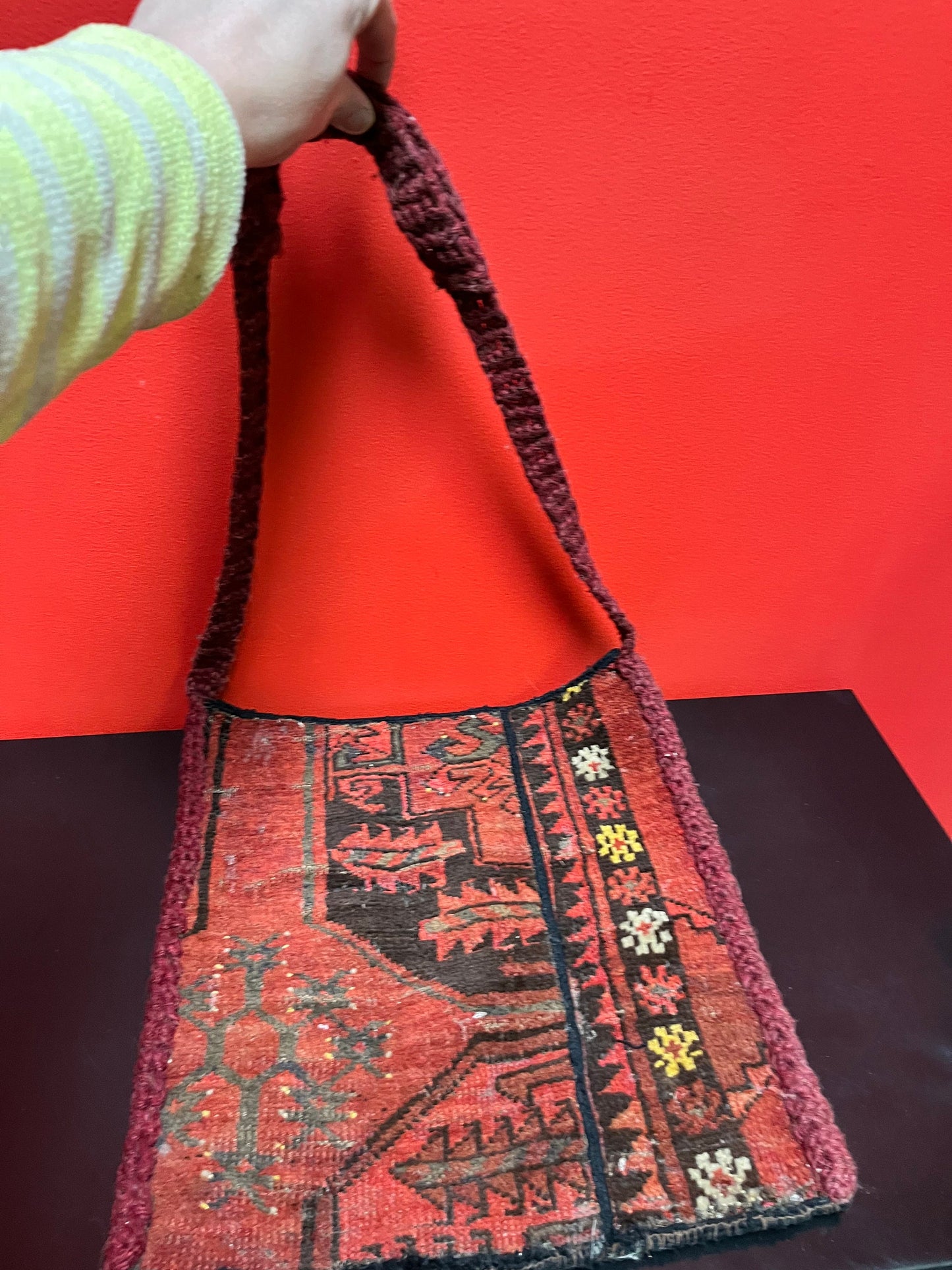 Stunning 34 x 15 Middle Eastern antique hand woven carpet bag  good condition little rough at the bottom - wow