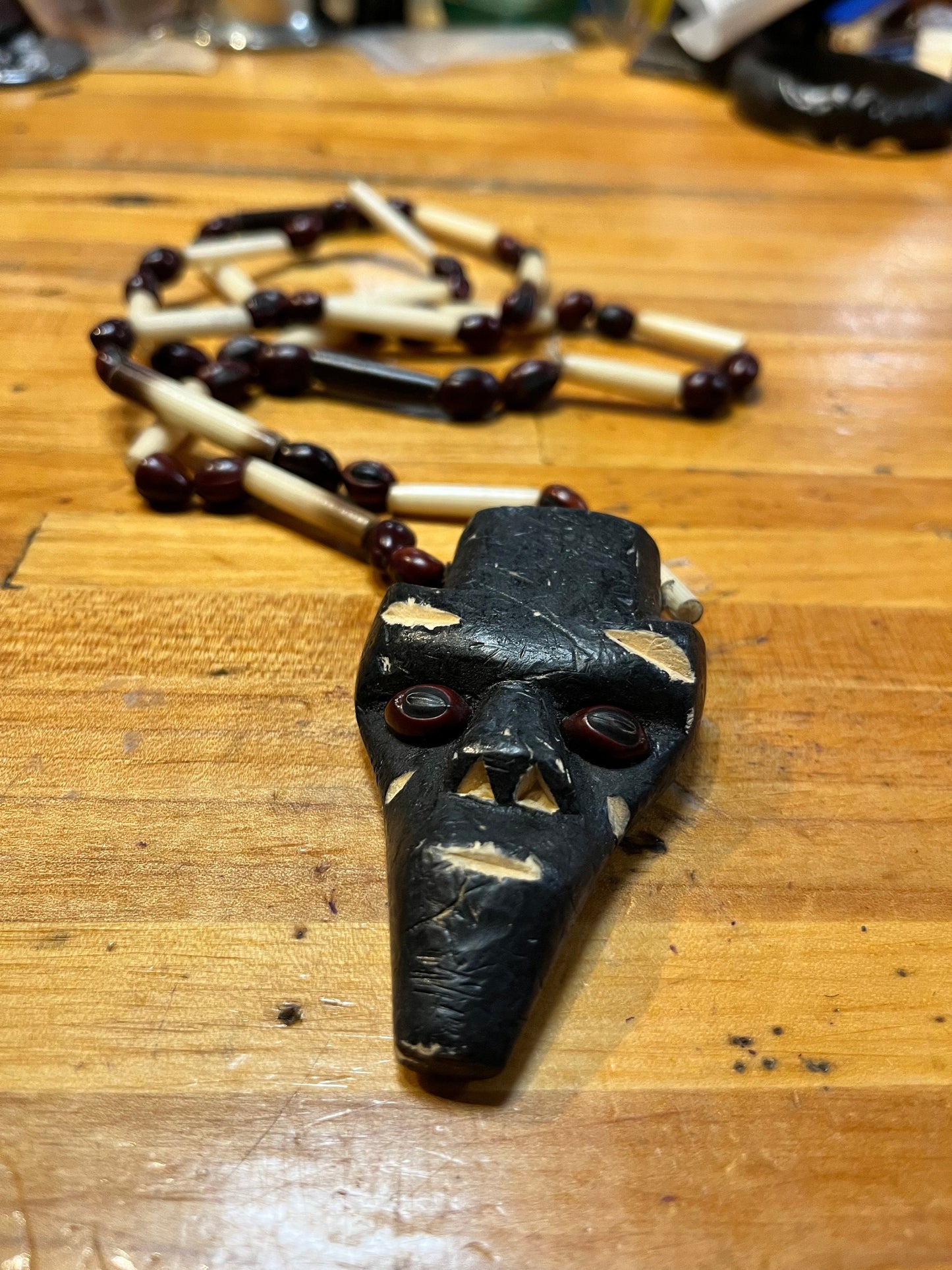 32 inch long African horn bead and wood necklace  so cool