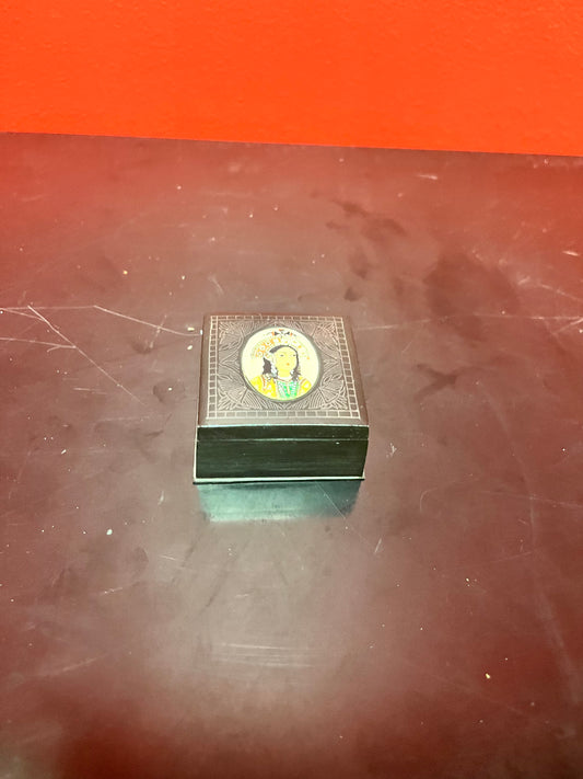 Unique and wonderful, 2 inch antique bronze and painted bone box   intricate detailing and wonderful condition - powerful piece