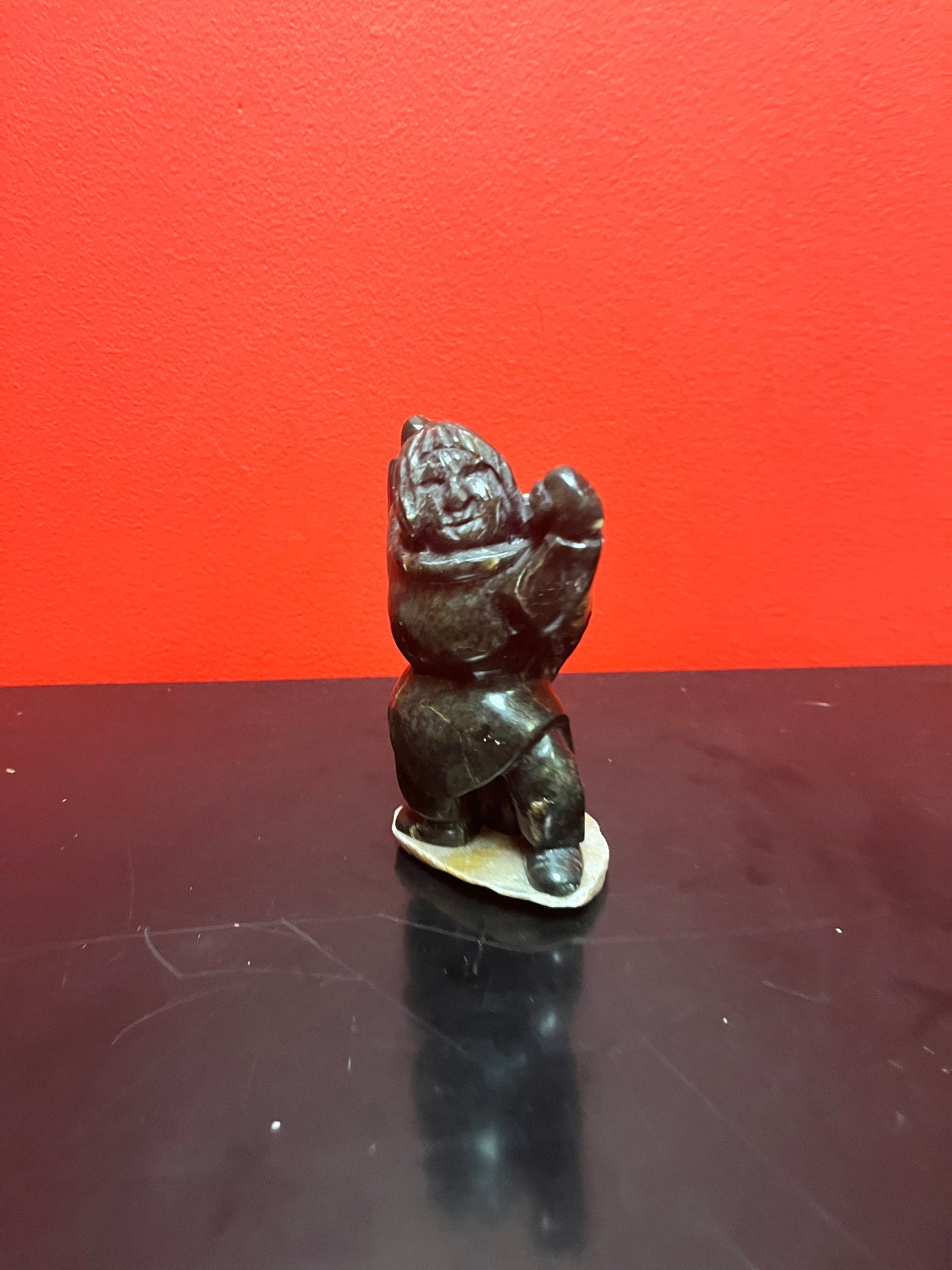 Beautiful 6 inch tall, vintage, indigenous, Inuit soap, stone statue of a hunter carrying child on Stone base   delicious piece