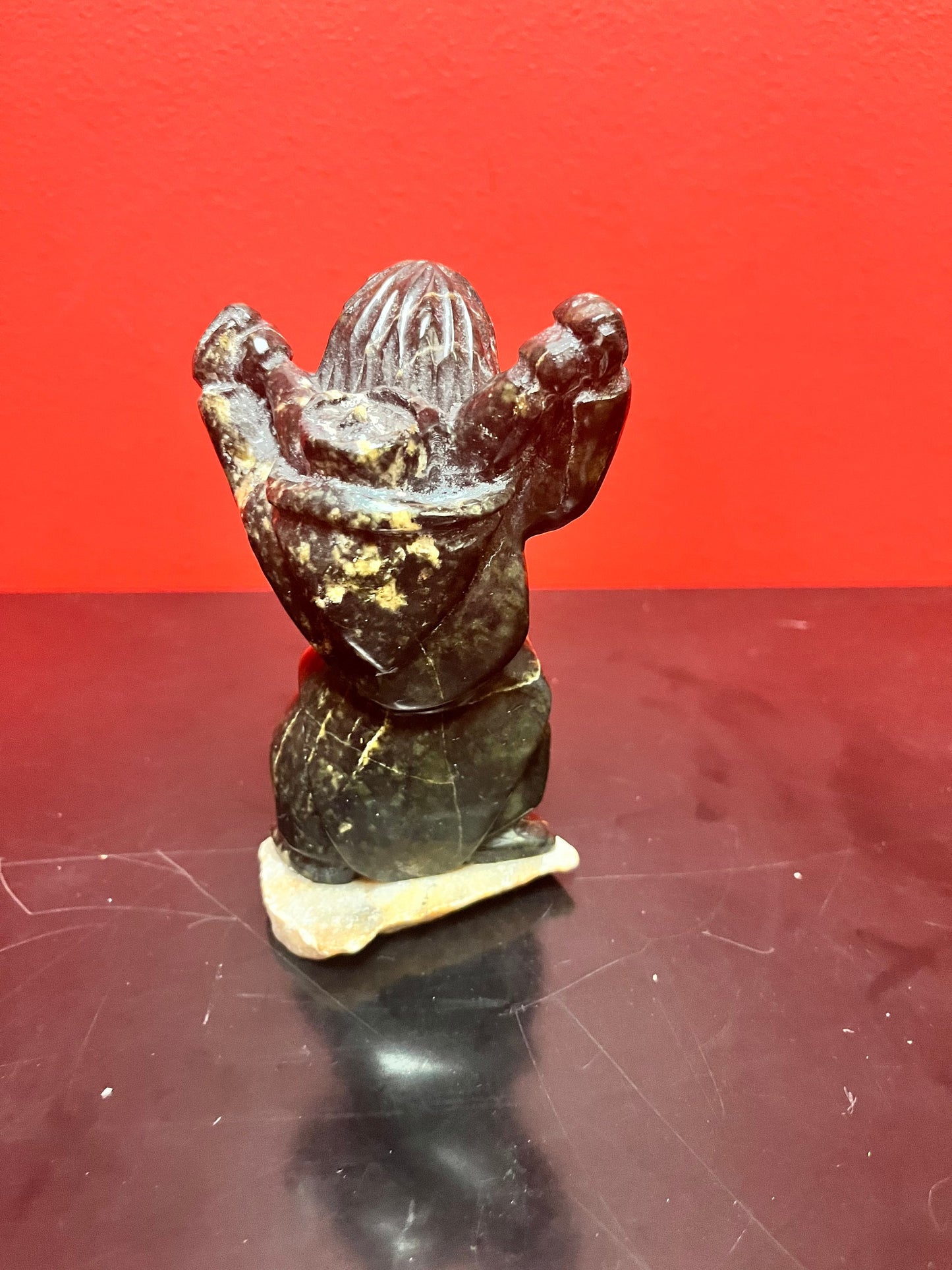 Beautiful 6 inch tall, vintage, indigenous, Inuit soap, stone statue of a hunter carrying child on Stone base   delicious piece