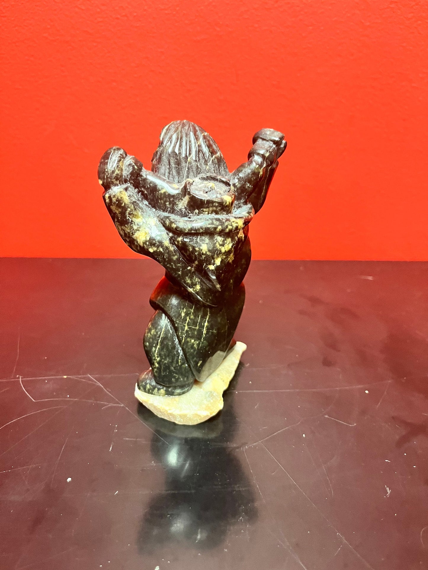 Beautiful 6 inch tall, vintage, indigenous, Inuit soap, stone statue of a hunter carrying child on Stone base   delicious piece