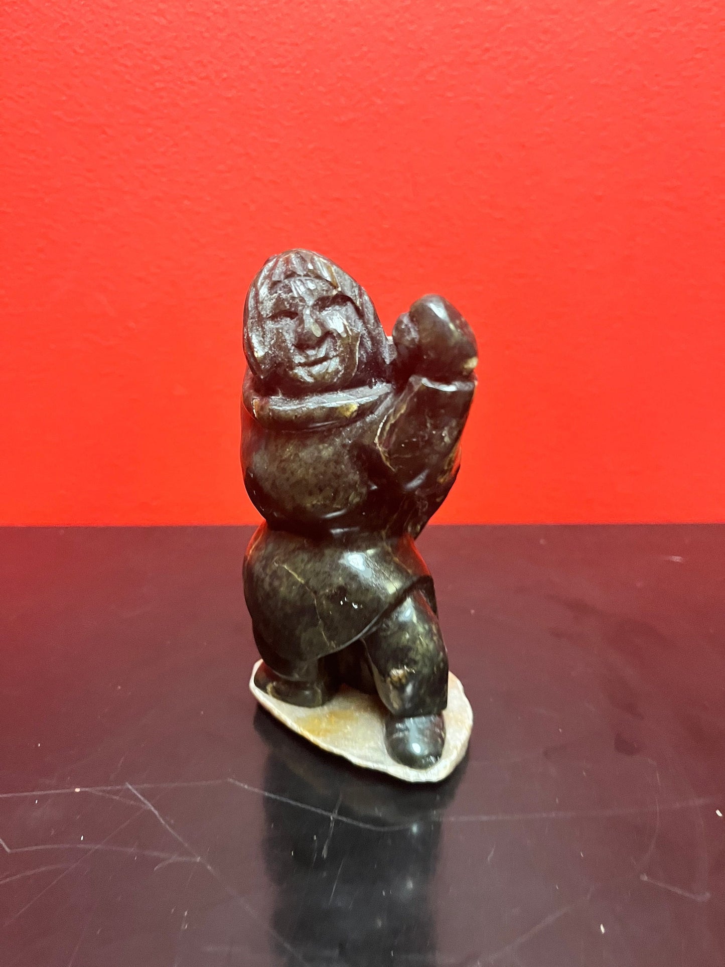 Beautiful 6 inch tall, vintage, indigenous, Inuit soap, stone statue of a hunter carrying child on Stone base   delicious piece