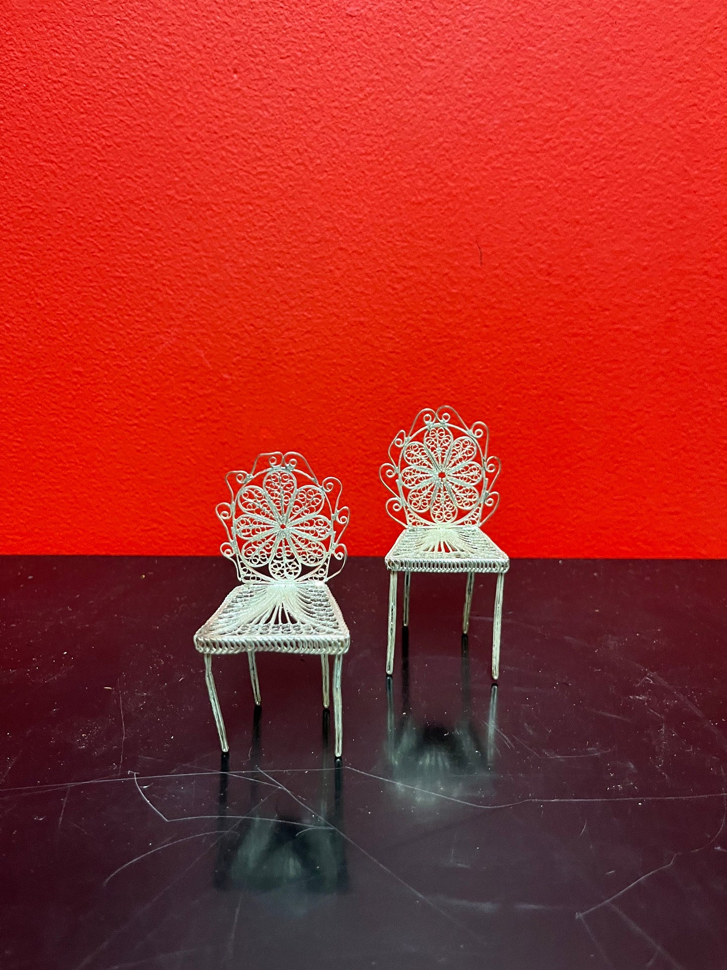 Stunning antique European silver filagree, miniature dining room chair  5 inches tall  absolutely wonderful quality  multiple available