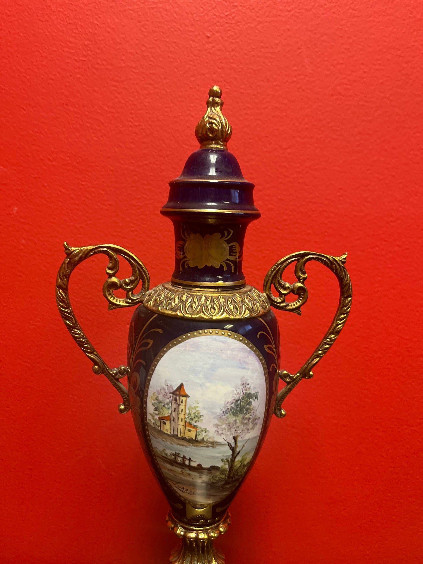 Stunning large 14.5 inch French porcelain  sevres antique signed hand painted iron with gilt mint condition and signed  value priced