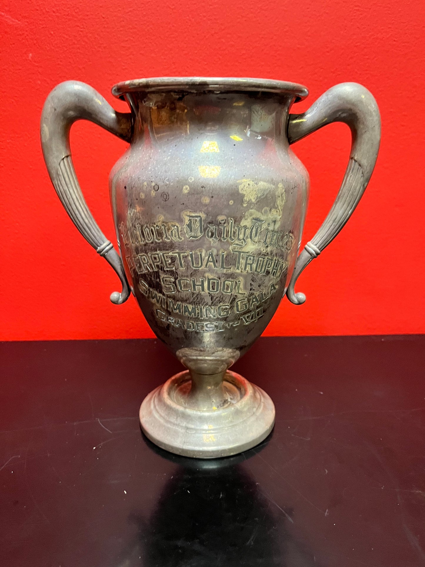 Fabulous huge 10 inch silver plated 1950s swimming trophy  lovely patina, and really fascinating piece of Victoria, BC history!!!