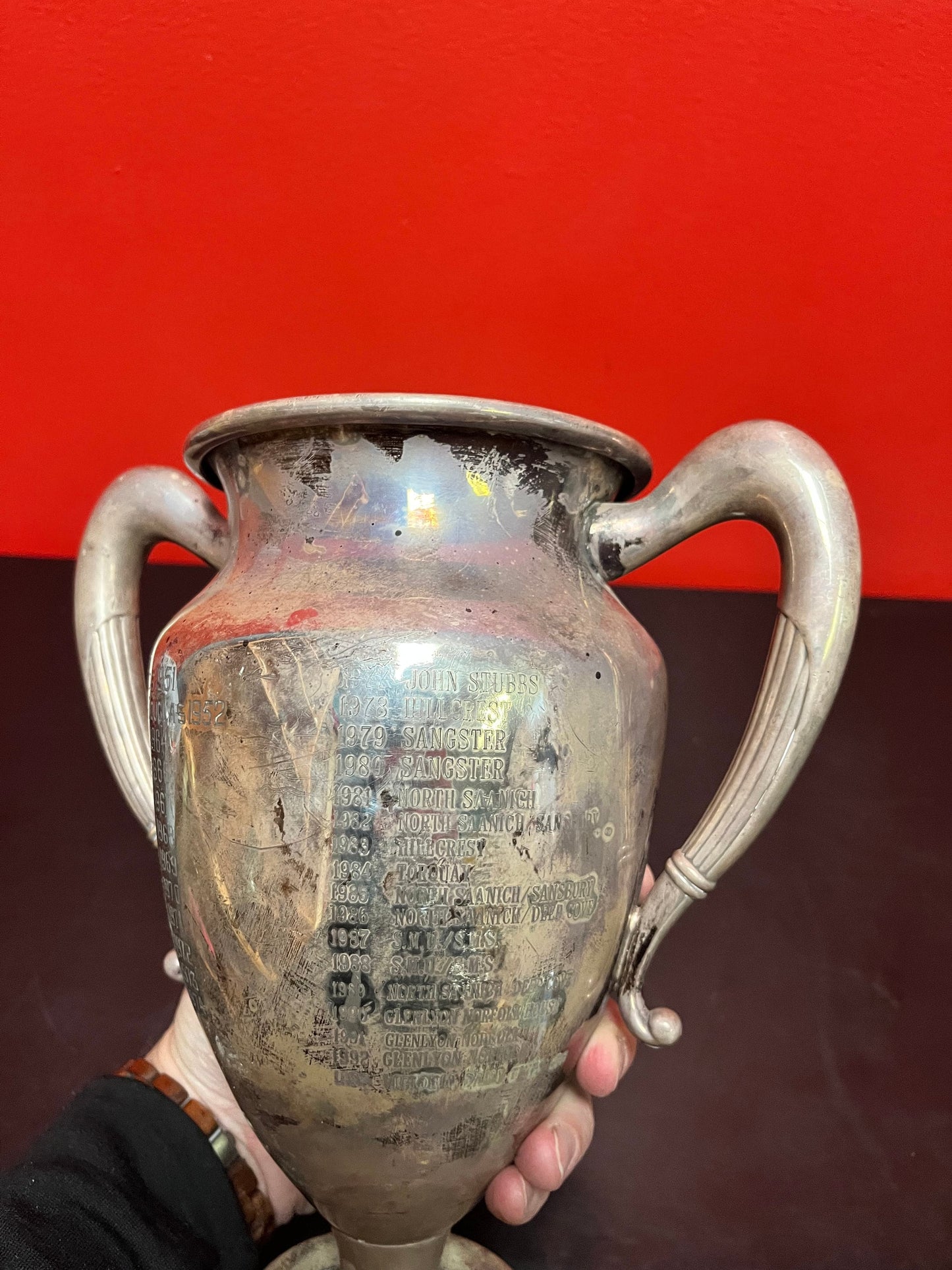 Fabulous huge 10 inch silver plated 1950s swimming trophy  lovely patina, and really fascinating piece of Victoria, BC history!!!