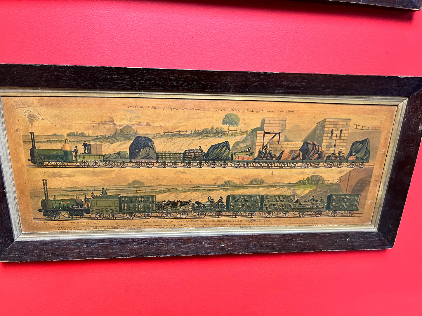 Stunning 1830s Liverpool to Manchester railway advertising pictures in Oak frames  pair museum quality  fabulous cond  train memorabilia