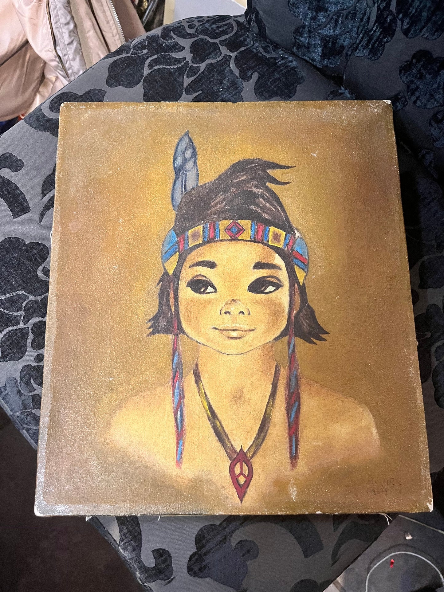 Absolutely fantastic original oil painting 14 x 12 inches on canvas  indigenous Canadians first nations  oil painting of tribal boy  wow