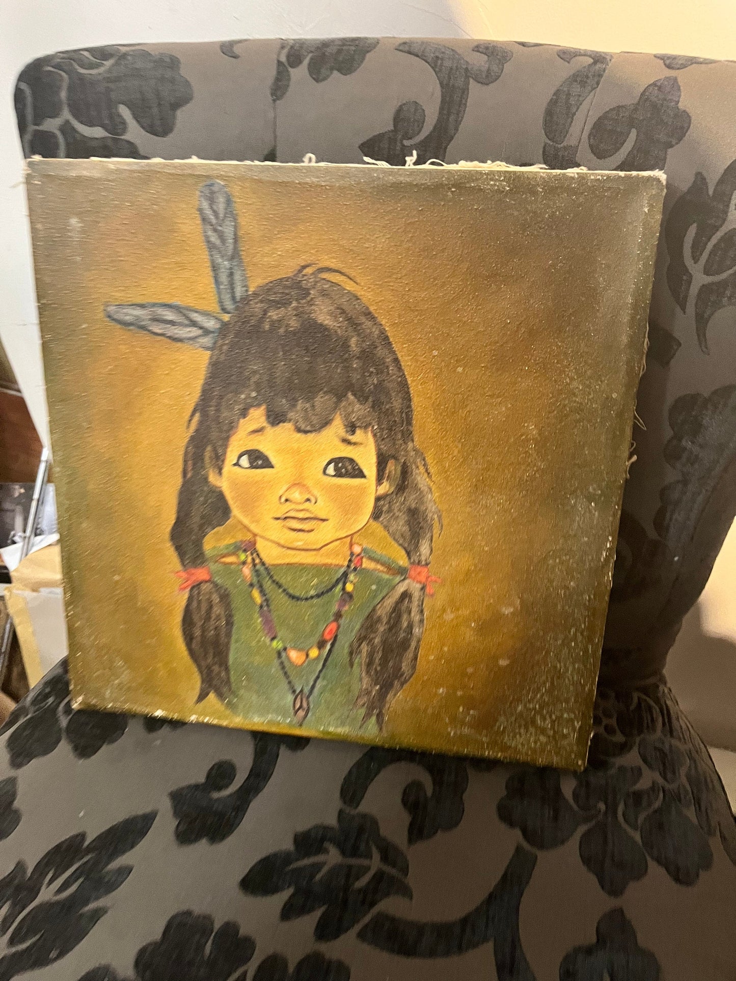 Indigenous 14 x 13 1920s oil painting  First Nations tribal girl  lovely detail