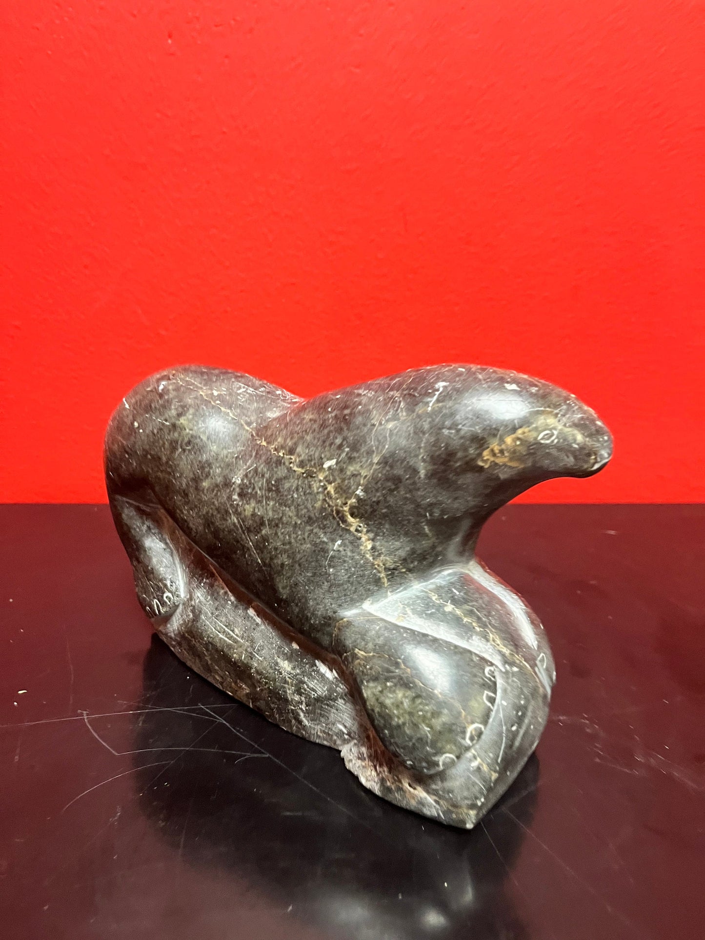 Antique indigenous Inuit, 7 x 4 stunning, soapstone hunting seal  with sticker and number  wow  good antique condition