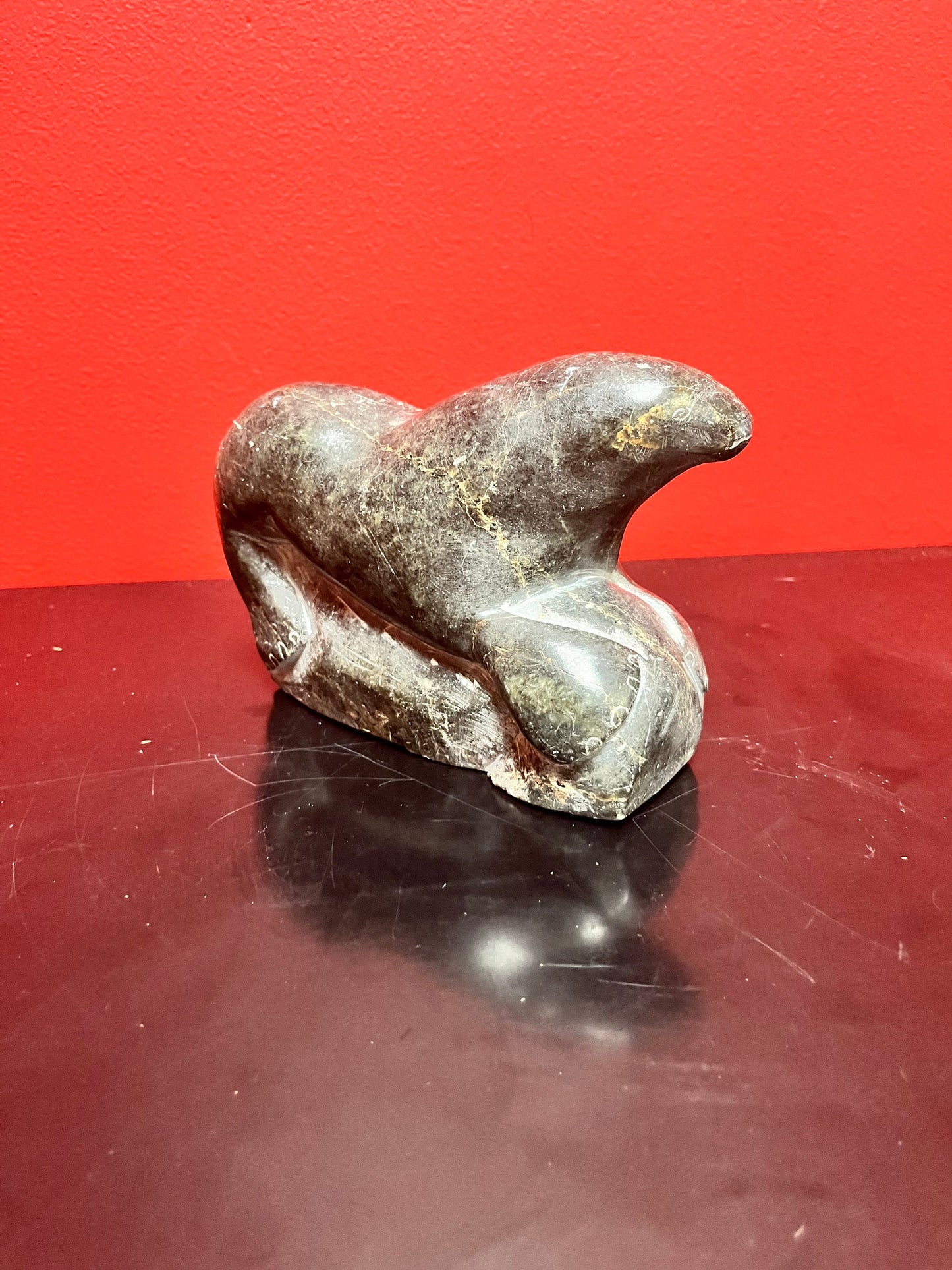 Antique indigenous Inuit, 7 x 4 stunning, soapstone hunting seal  with sticker and number  wow  good antique condition