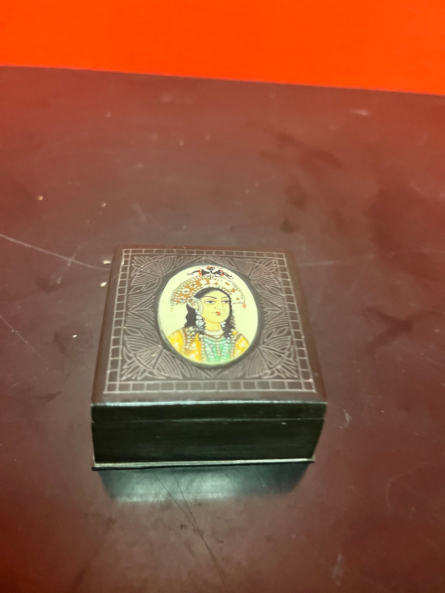 Unique and wonderful, 2 inch antique bronze and painted bone box   intricate detailing and wonderful condition - powerful piece