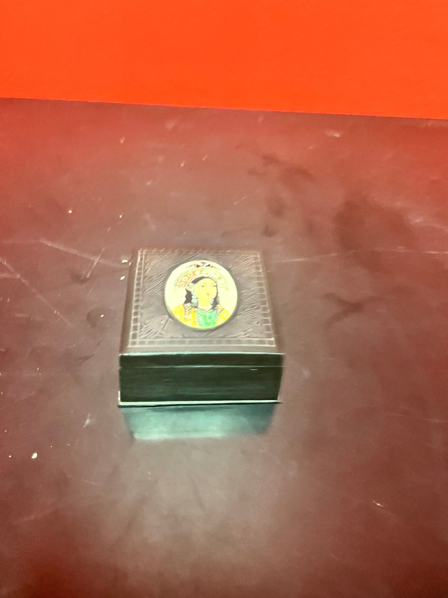 Unique and wonderful, 2 inch antique bronze and painted bone box   intricate detailing and wonderful condition - powerful piece