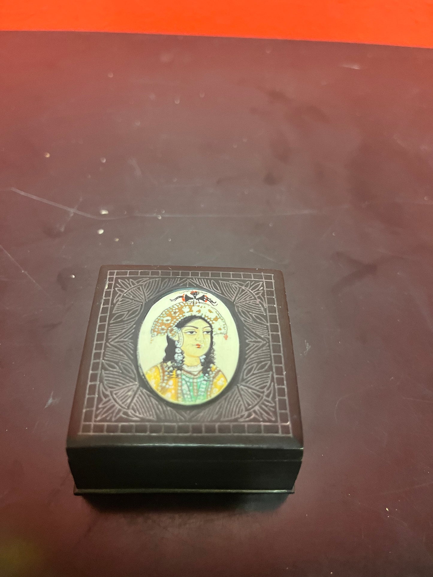 Unique and wonderful, 2 inch antique bronze and painted bone box   intricate detailing and wonderful condition - powerful piece