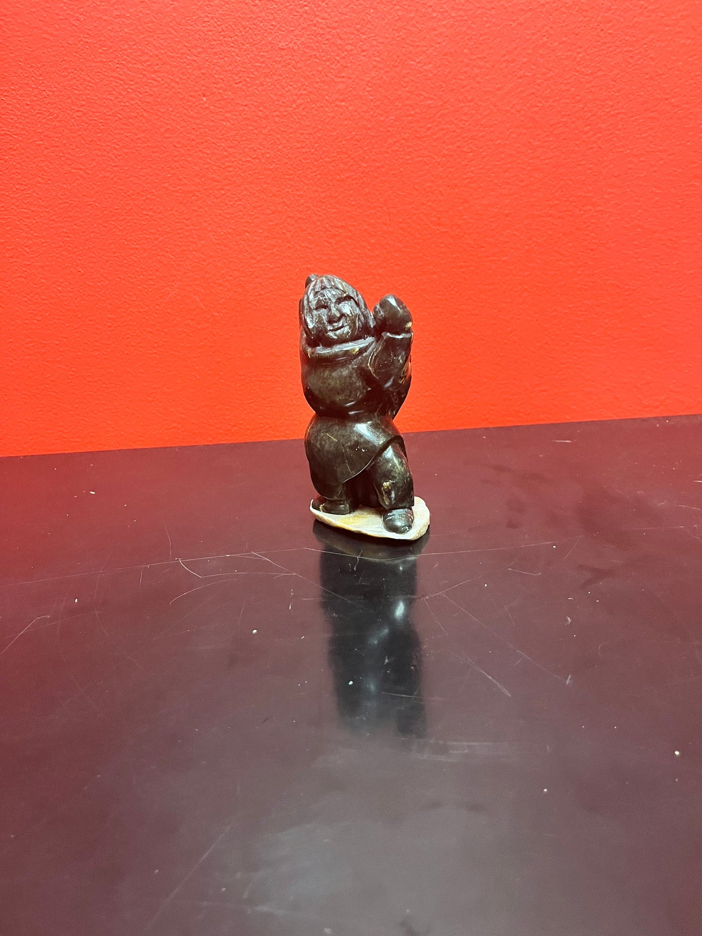 Beautiful 6 inch tall, vintage, indigenous, Inuit soap, stone statue of a hunter carrying child on Stone base   delicious piece