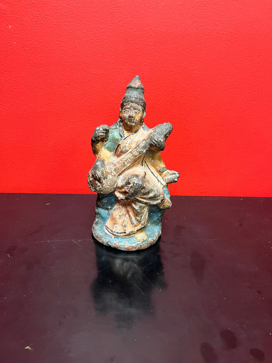 Stunning, rare museum quality, 10 inch high polychrome painted terra-cotta Chinese emperor   believed to be tang dynasty magical