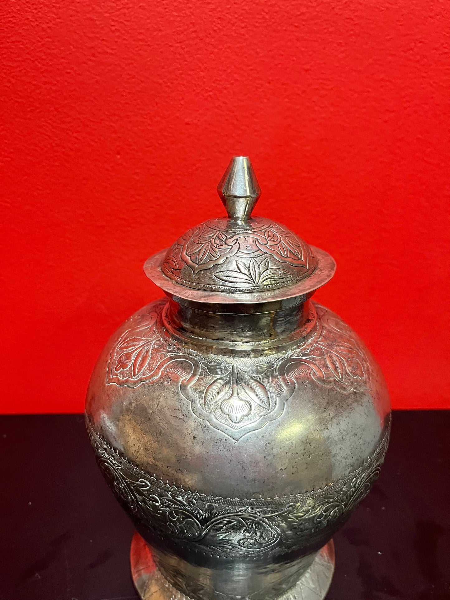 Fabulous solid Indian Raj  heavily engraved chested sterling, silver lidded urn  550 grams  intense piece of silver history  550 grams