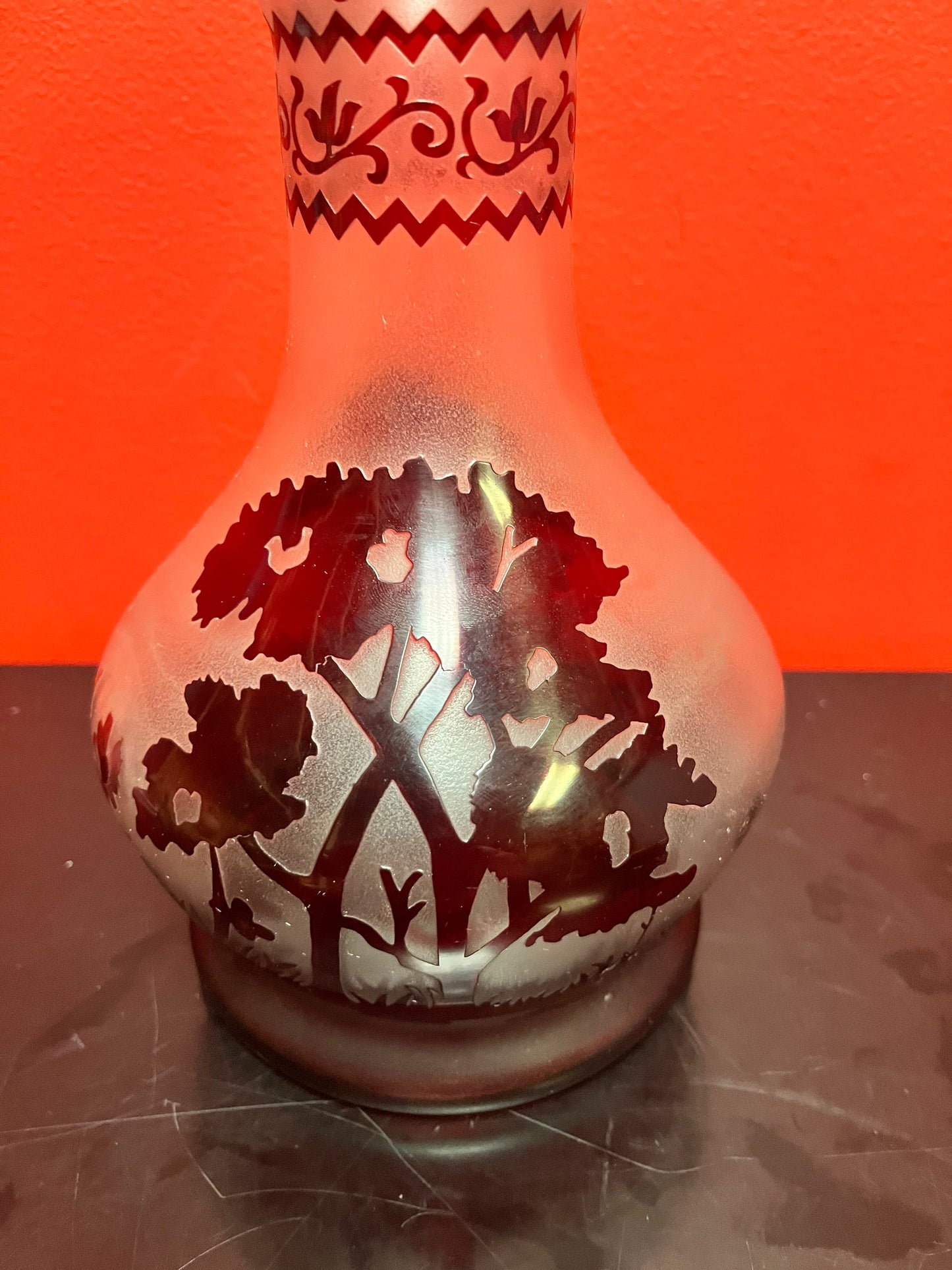 Antique stunning 10 inch high Galle style acid etched Ruby vases glass vase wow wow