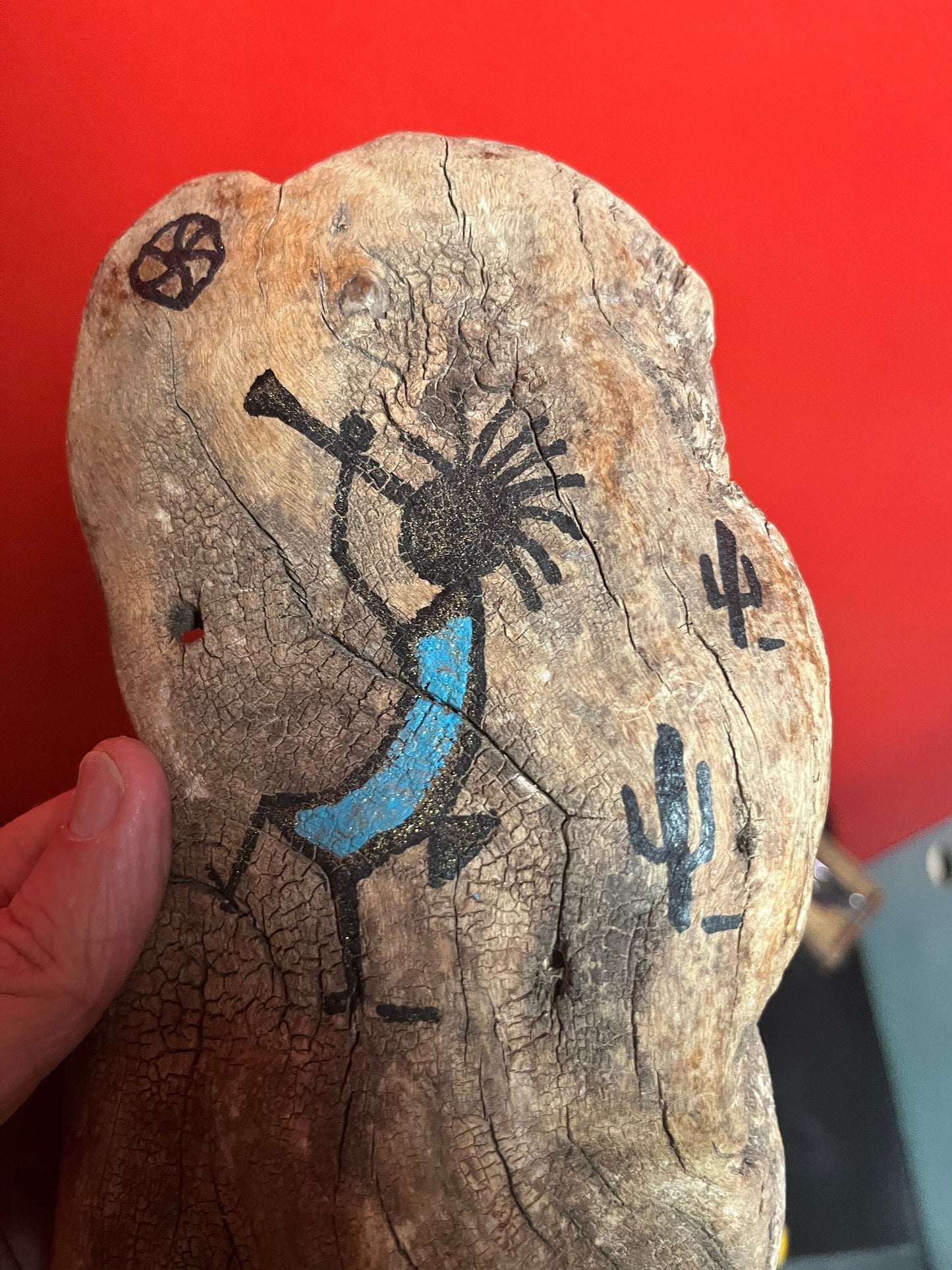 Unusual and rare signed Arizona Navajo, painted Driftwood sculpture wall hanging   13 x 5  estate piece  wow