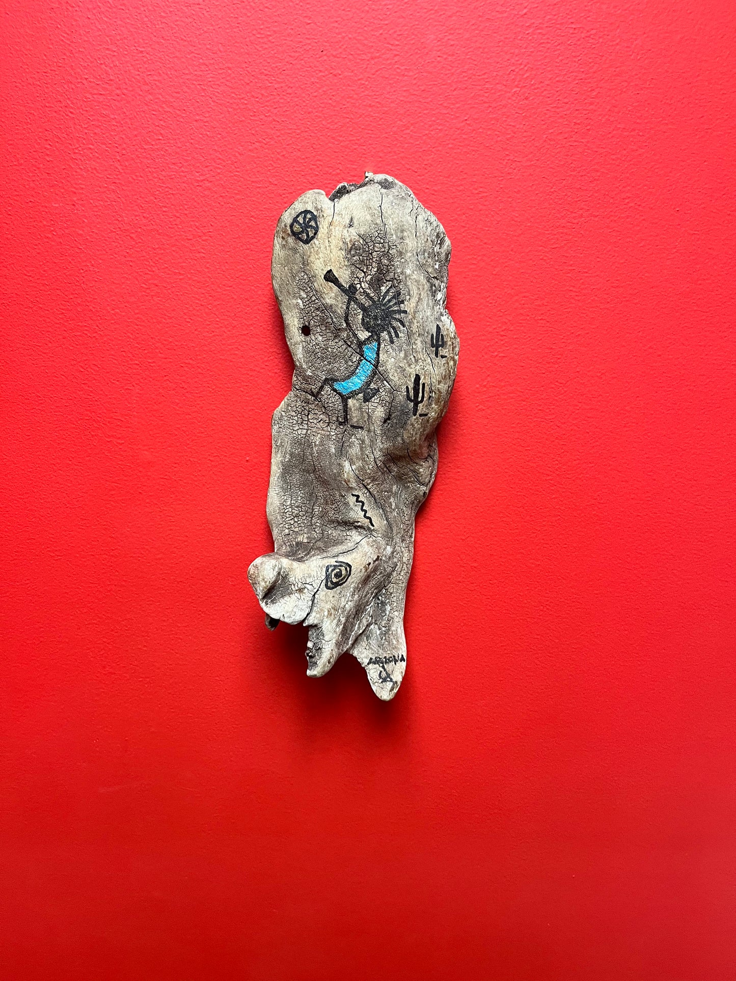 Unusual and rare signed Arizona Navajo, painted Driftwood sculpture wall hanging   13 x 5  estate piece  wow