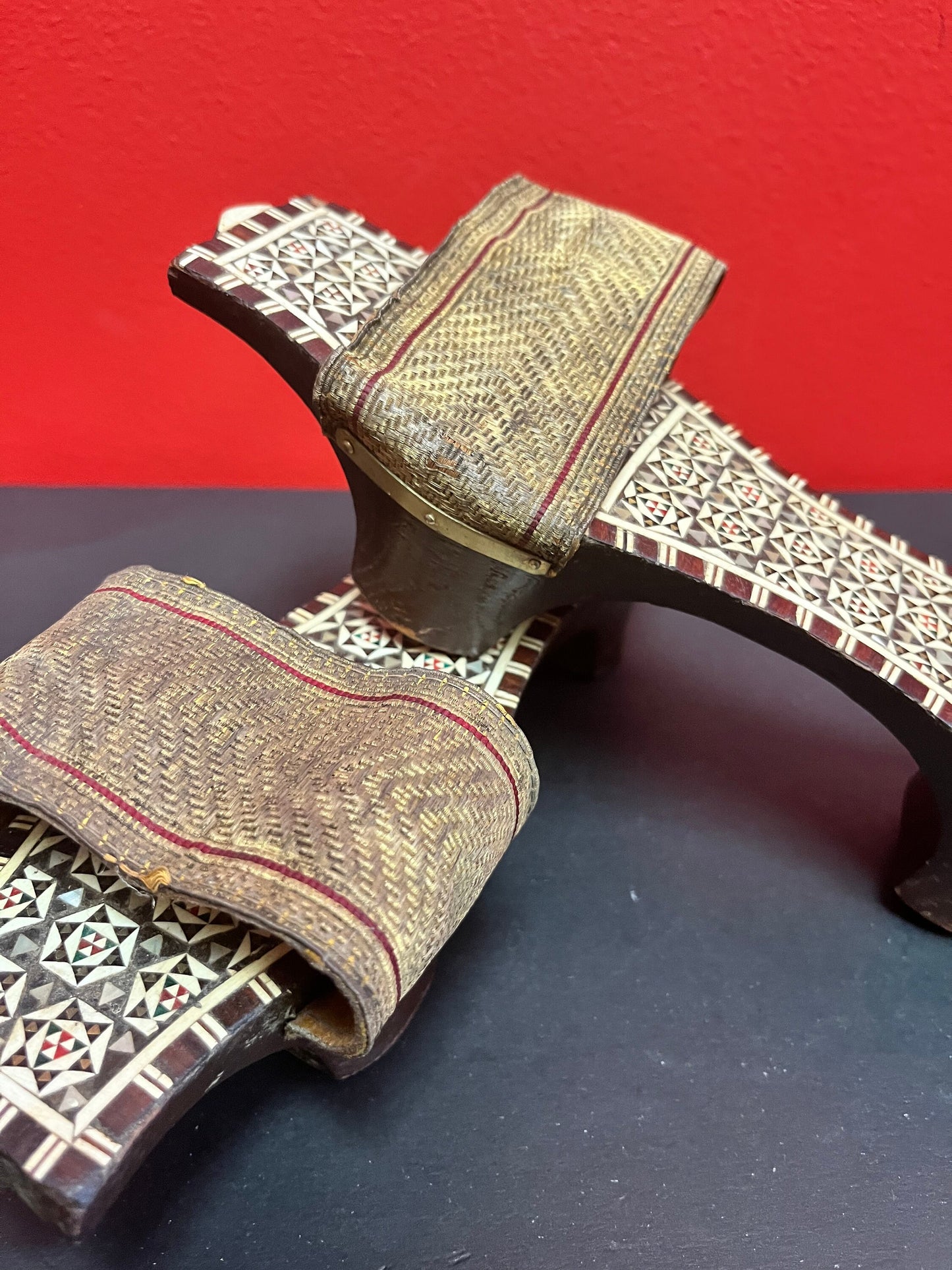 Lovely antique Indian 9 inch wood mother-of-pearl  bone and leather shoes