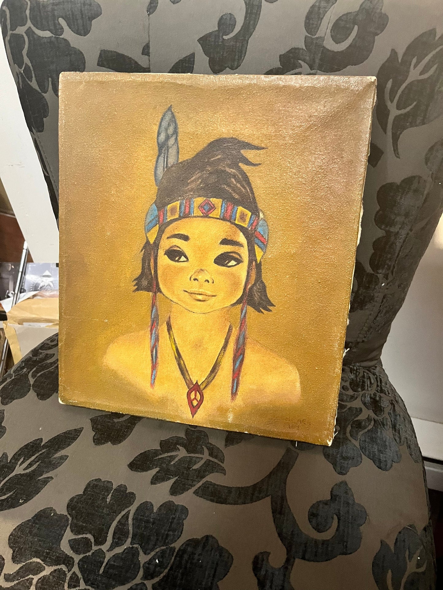 Absolutely fantastic original oil painting 14 x 12 inches on canvas  indigenous Canadians first nations  oil painting of tribal boy  wow