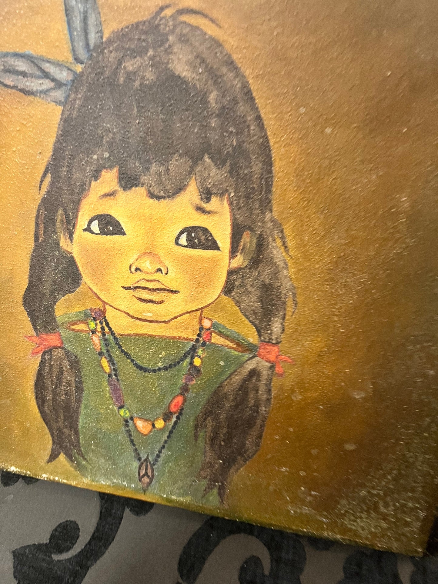 Indigenous 14 x 13 1920s oil painting  First Nations tribal girl  lovely detail