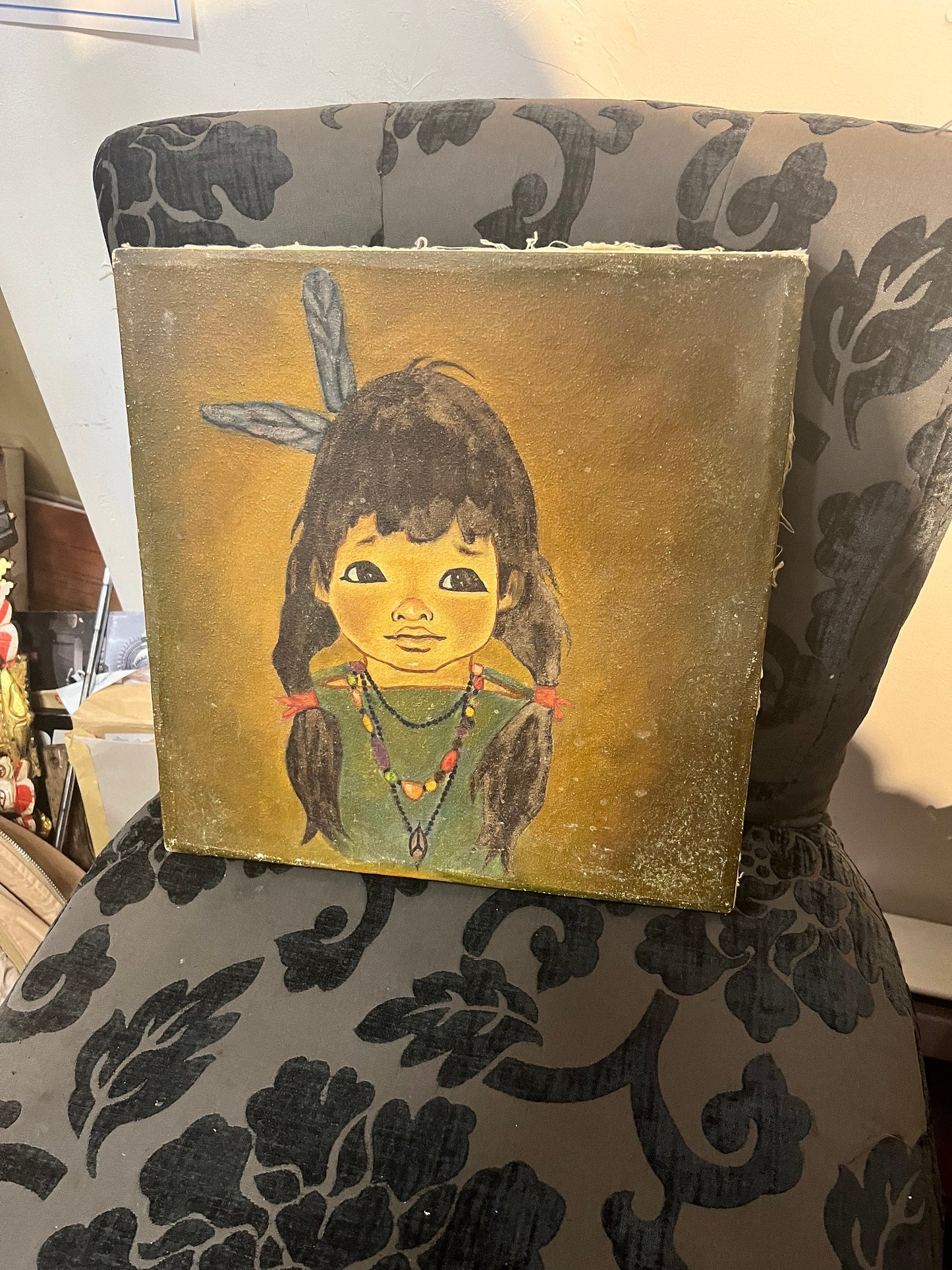 Indigenous 14 x 13 1920s oil painting  First Nations tribal girl  lovely detail