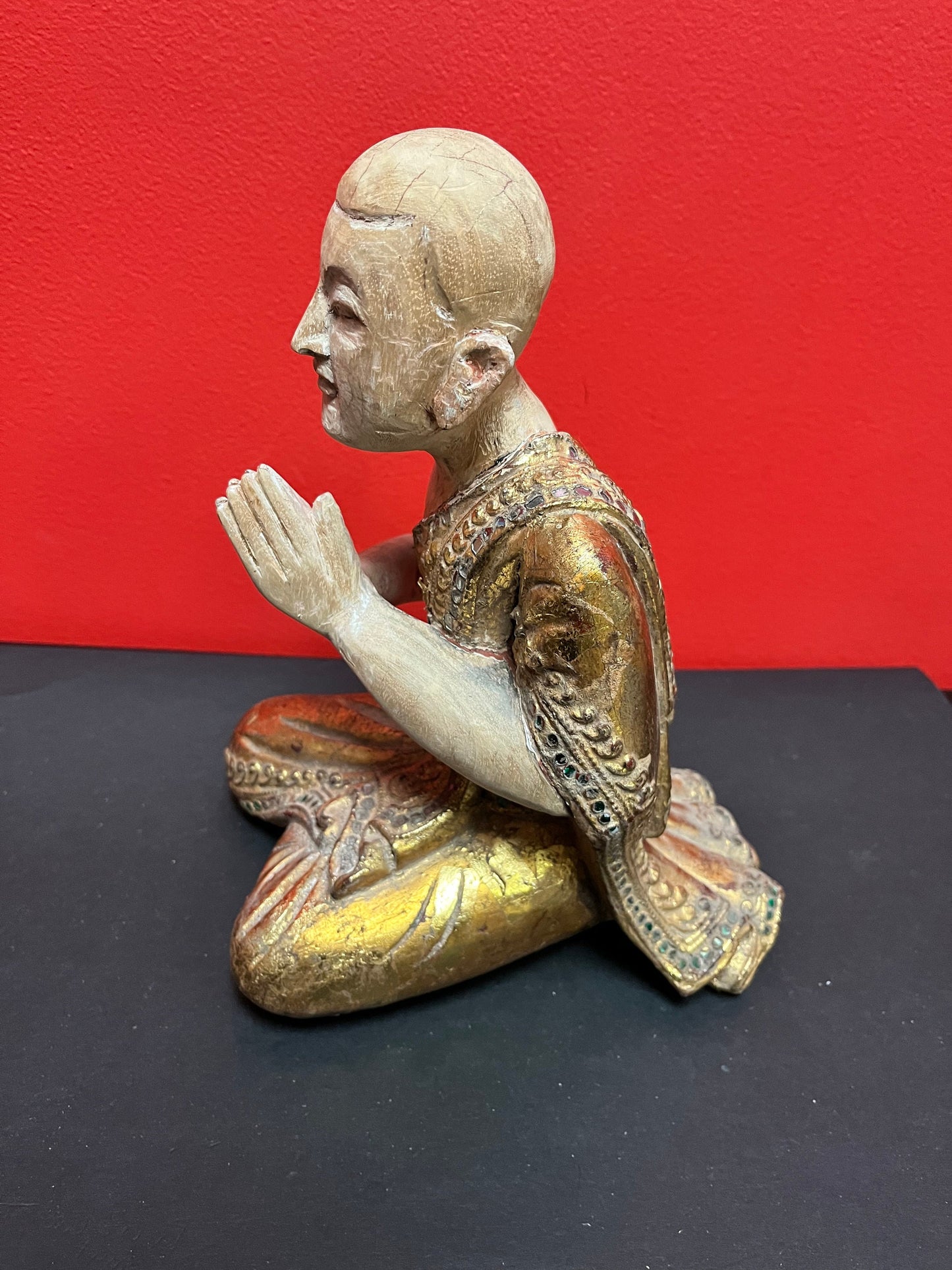 10 inch vintage Southeast Asian polychrome gilded statue of a monk / Buddha praying