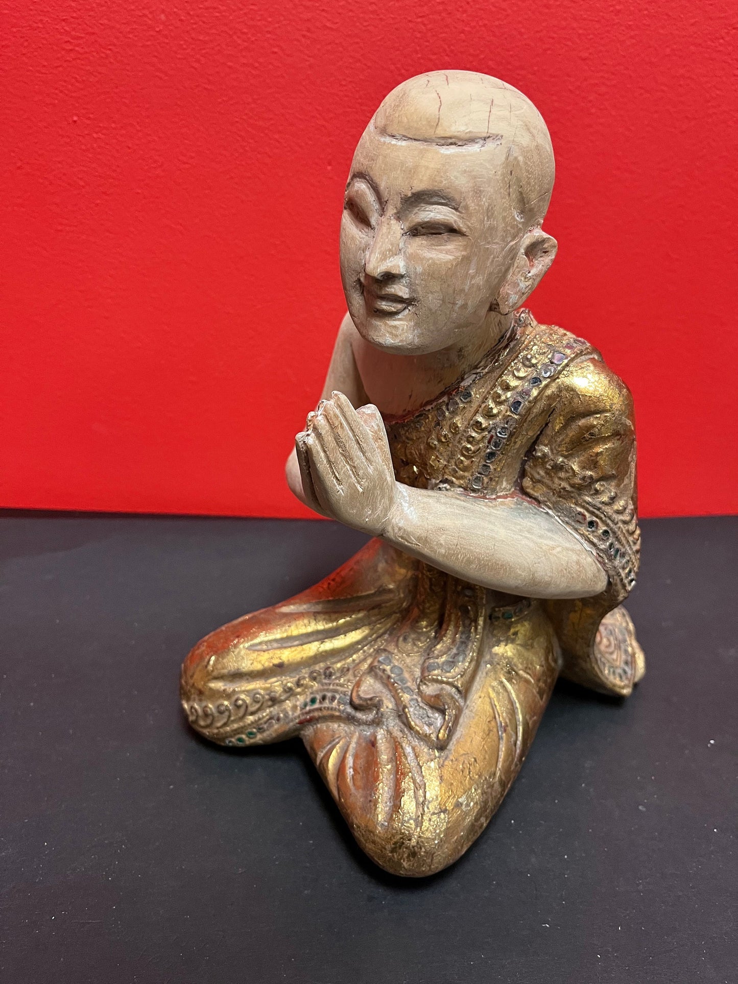 10 inch vintage Southeast Asian polychrome gilded statue of a monk / Buddha praying