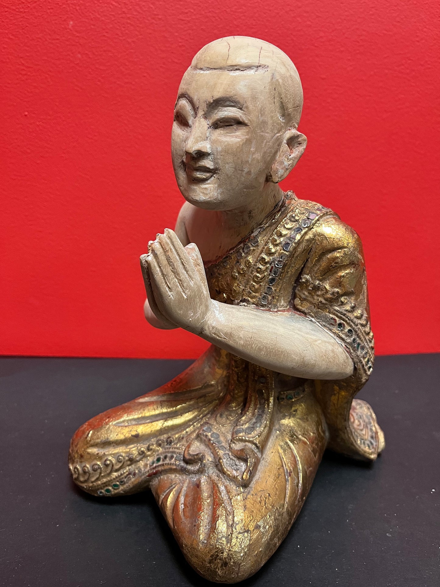 10 inch vintage Southeast Asian polychrome gilded statue of a monk / Buddha praying