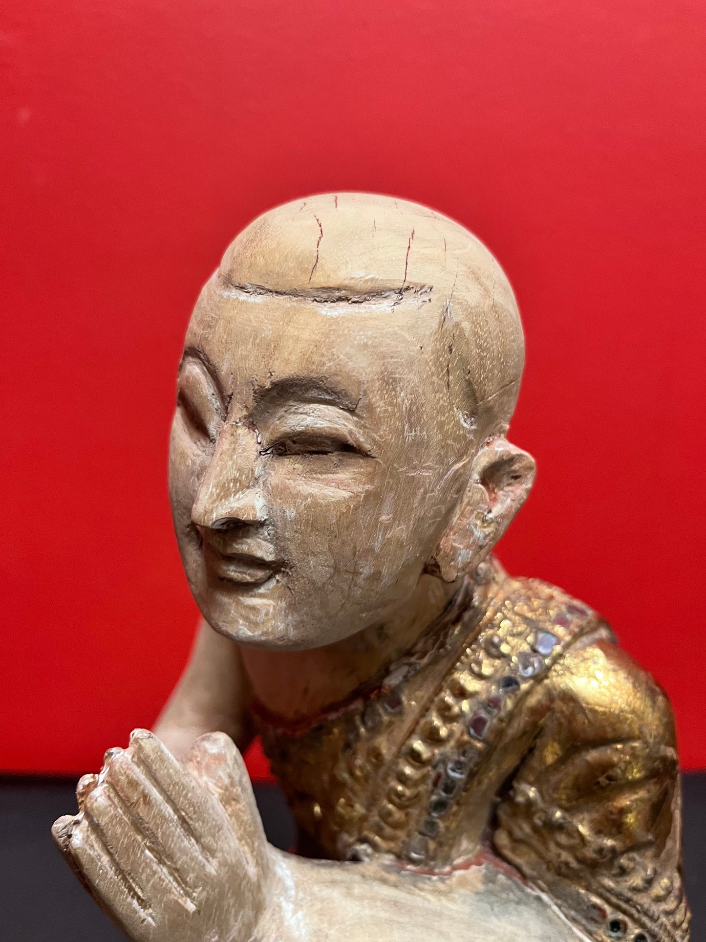 10 inch vintage Southeast Asian polychrome gilded statue of a monk / Buddha praying