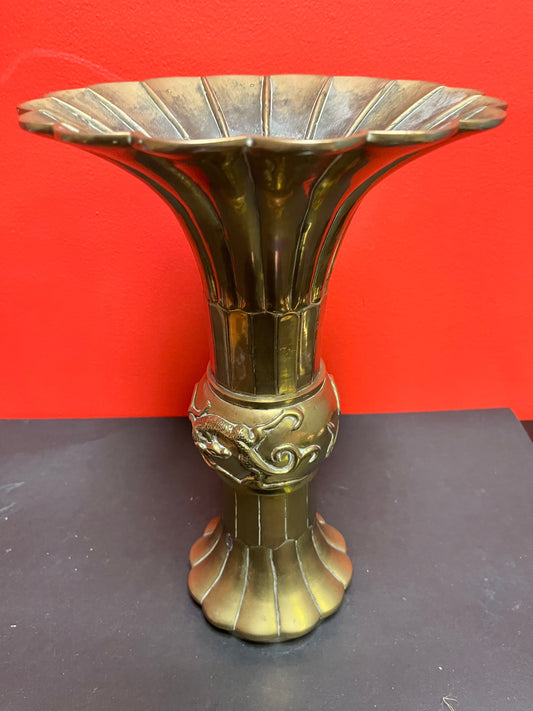 Fabulous antique Chinese 13 x 8 wide, heavy brass vase with lovely dragon motif