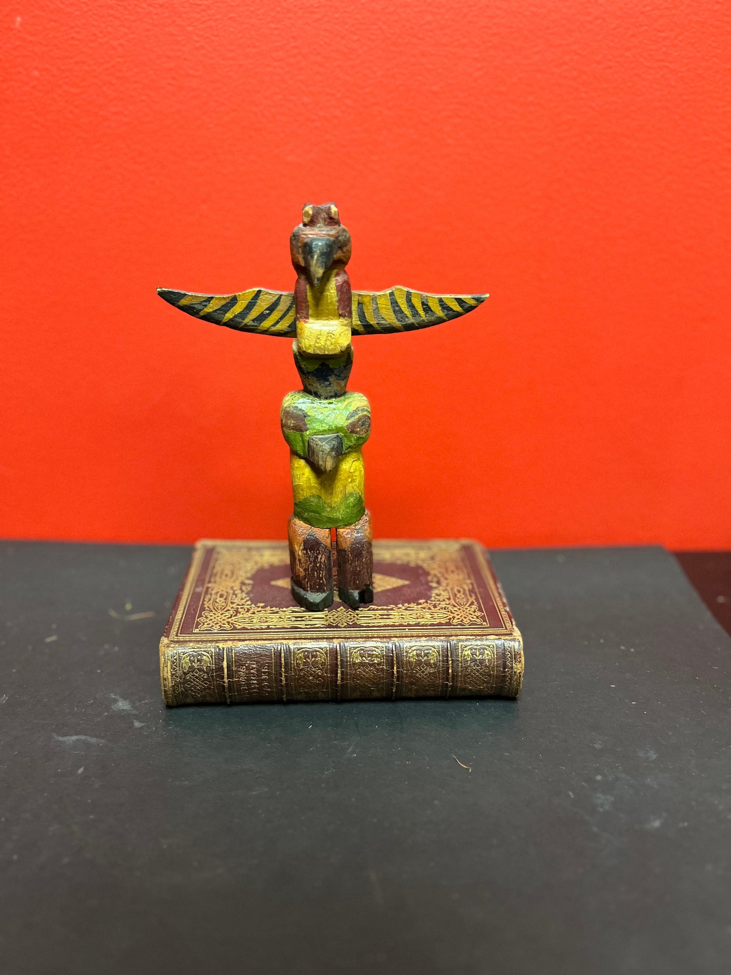 Fabulous antique 7 1/2 x 6 wide indigenous first nations pacific northwest coast polychrome totem  super old and rare  signed